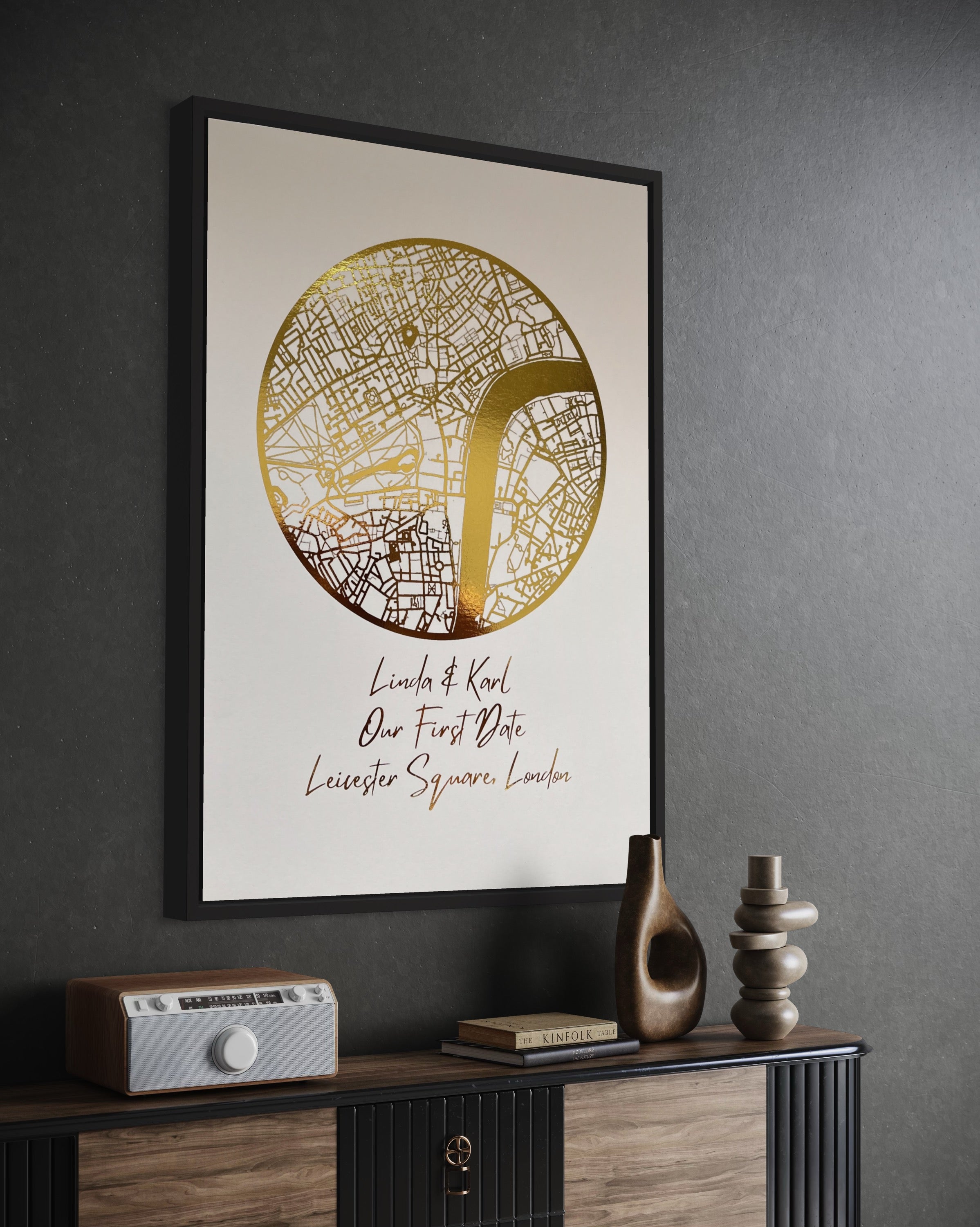 A beautifully crafted gold foil printed map in a circle shape, personalized with names and a location, symbolizing a couple's first date.