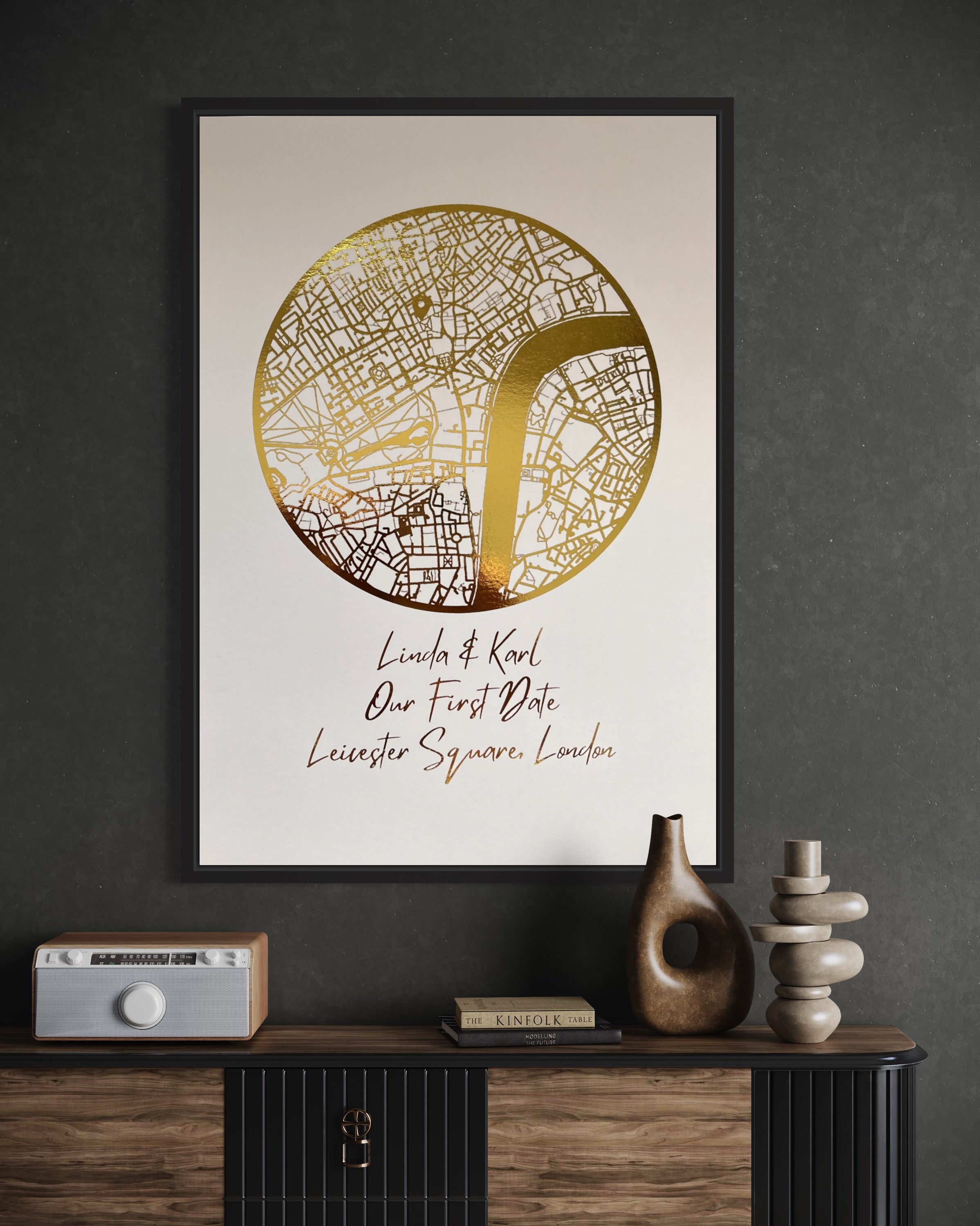 A beautifully crafted gold foil printed map in a circle shape, personalized with names and a location, symbolizing a couple's first date.