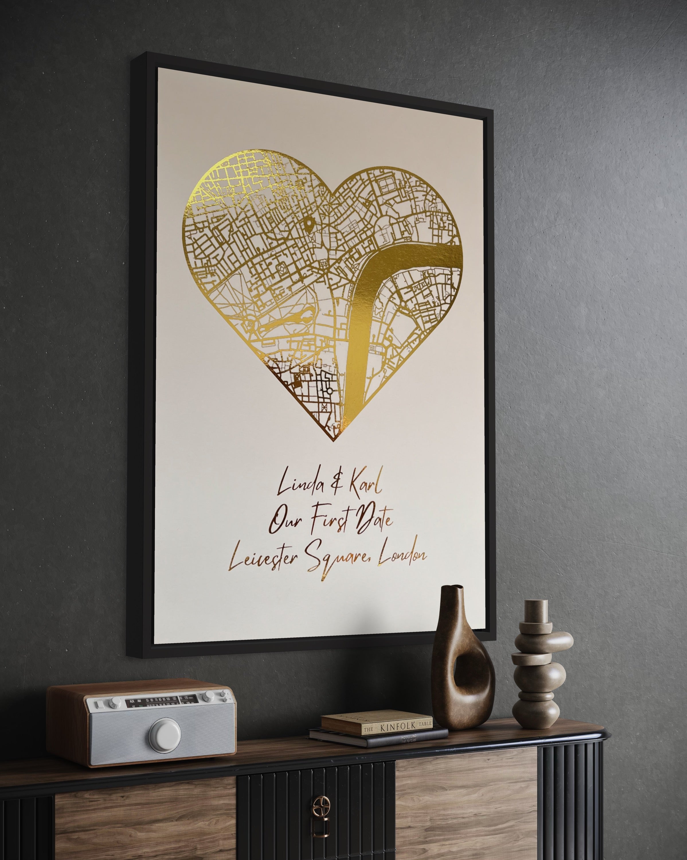 A beautifully crafted heart-shaped map featuring gold foil printing, personalized with couple's names and first date location.