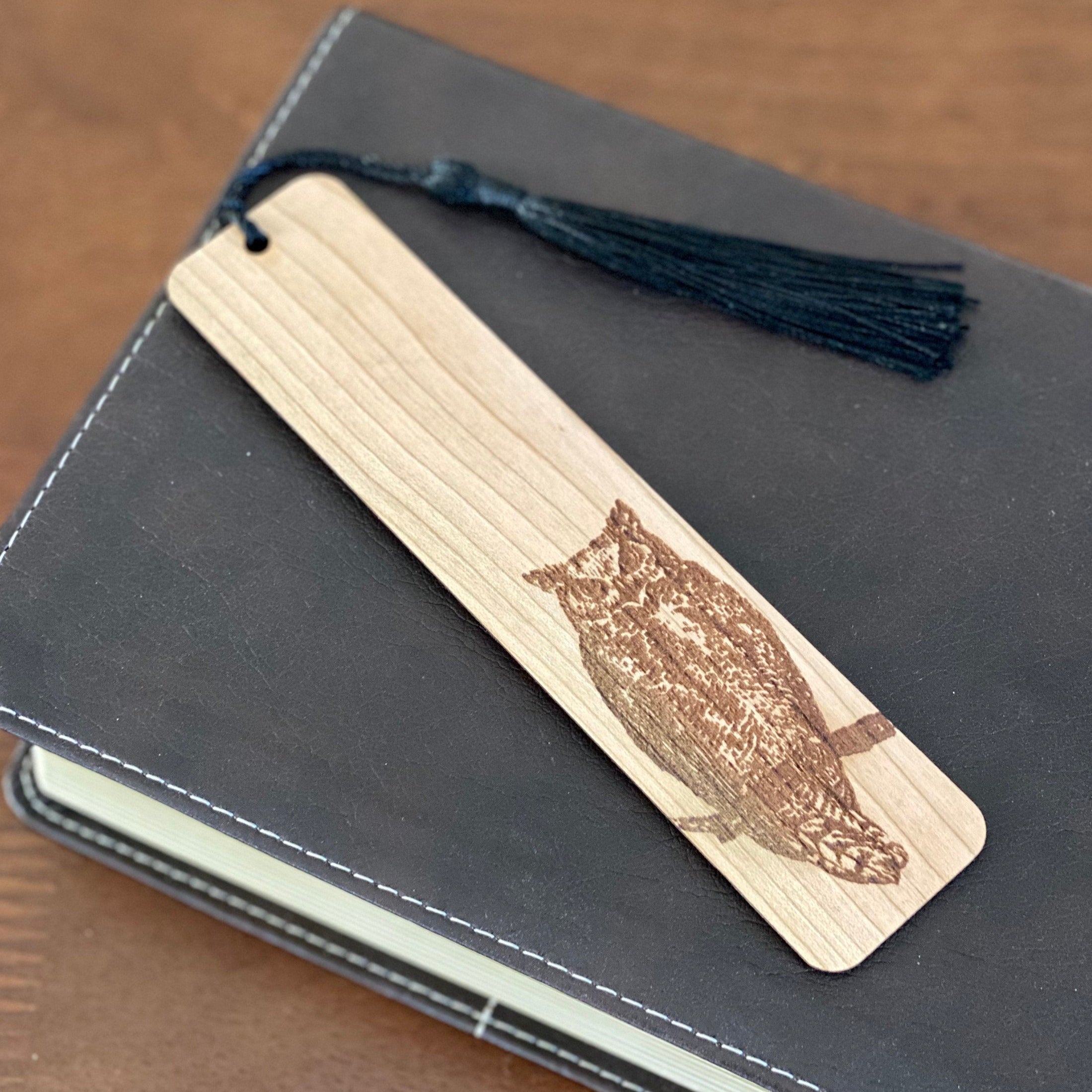 Owl Engraved Wood Bookmark made of Cherry hardwood with a tassel, featuring an owl illustration.