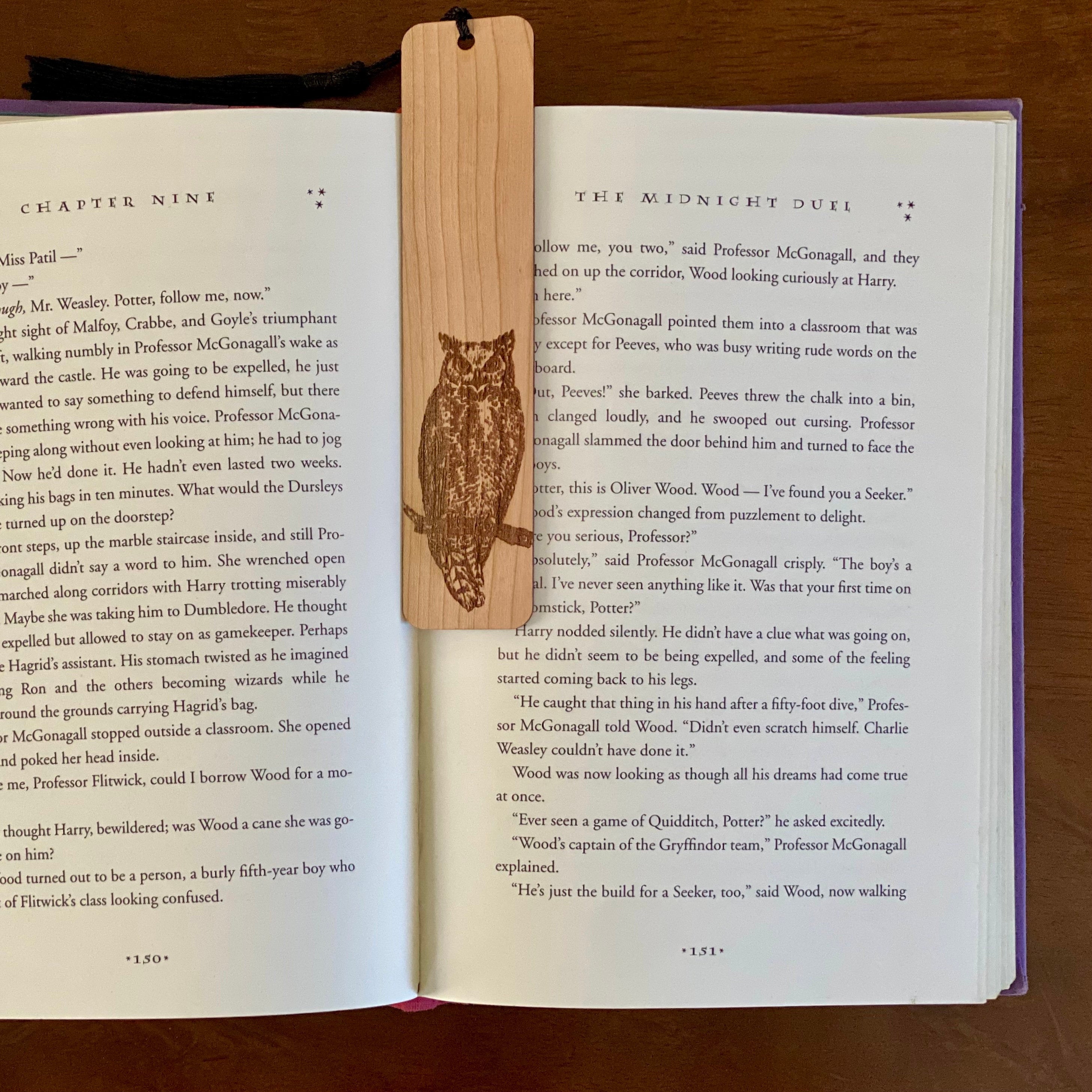 Owl Engraved Wood Bookmark made of Cherry hardwood with a tassel, featuring an owl illustration.