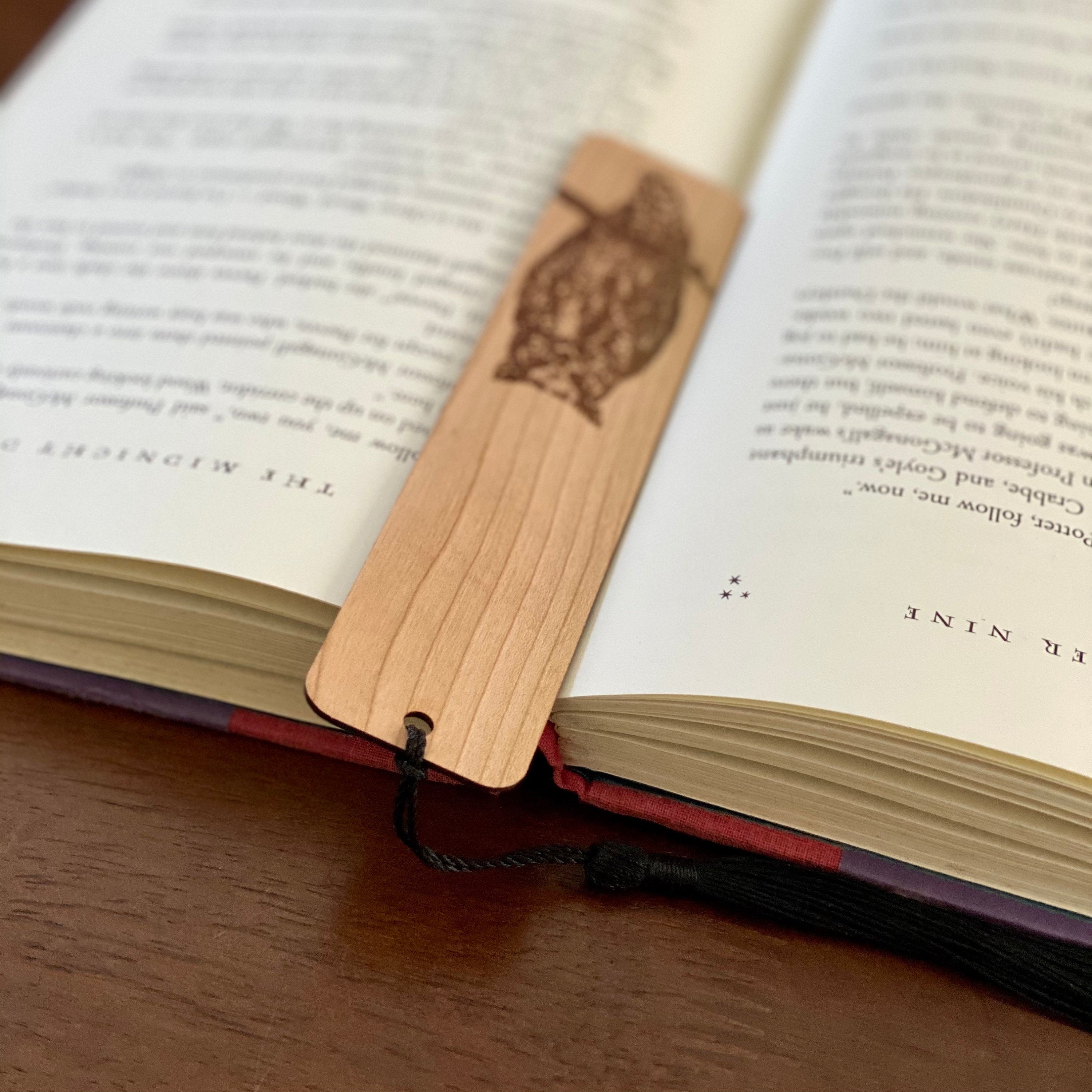 Owl Engraved Wood Bookmark made of Cherry hardwood with a tassel, featuring an owl illustration.