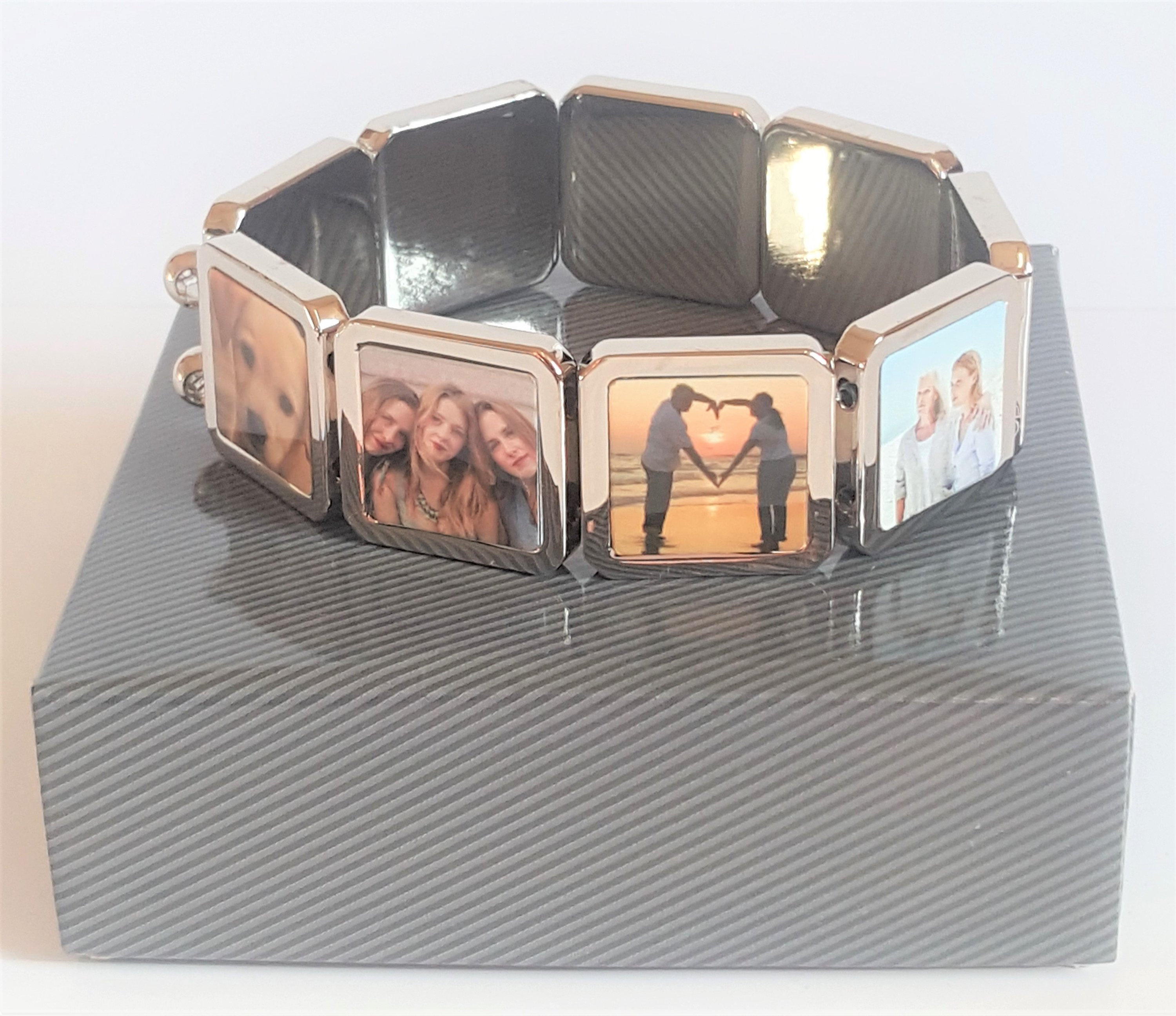 A beautiful Personalised 9 Piece Photo Bracelet featuring nine custom images, crafted from durable zinc alloy.