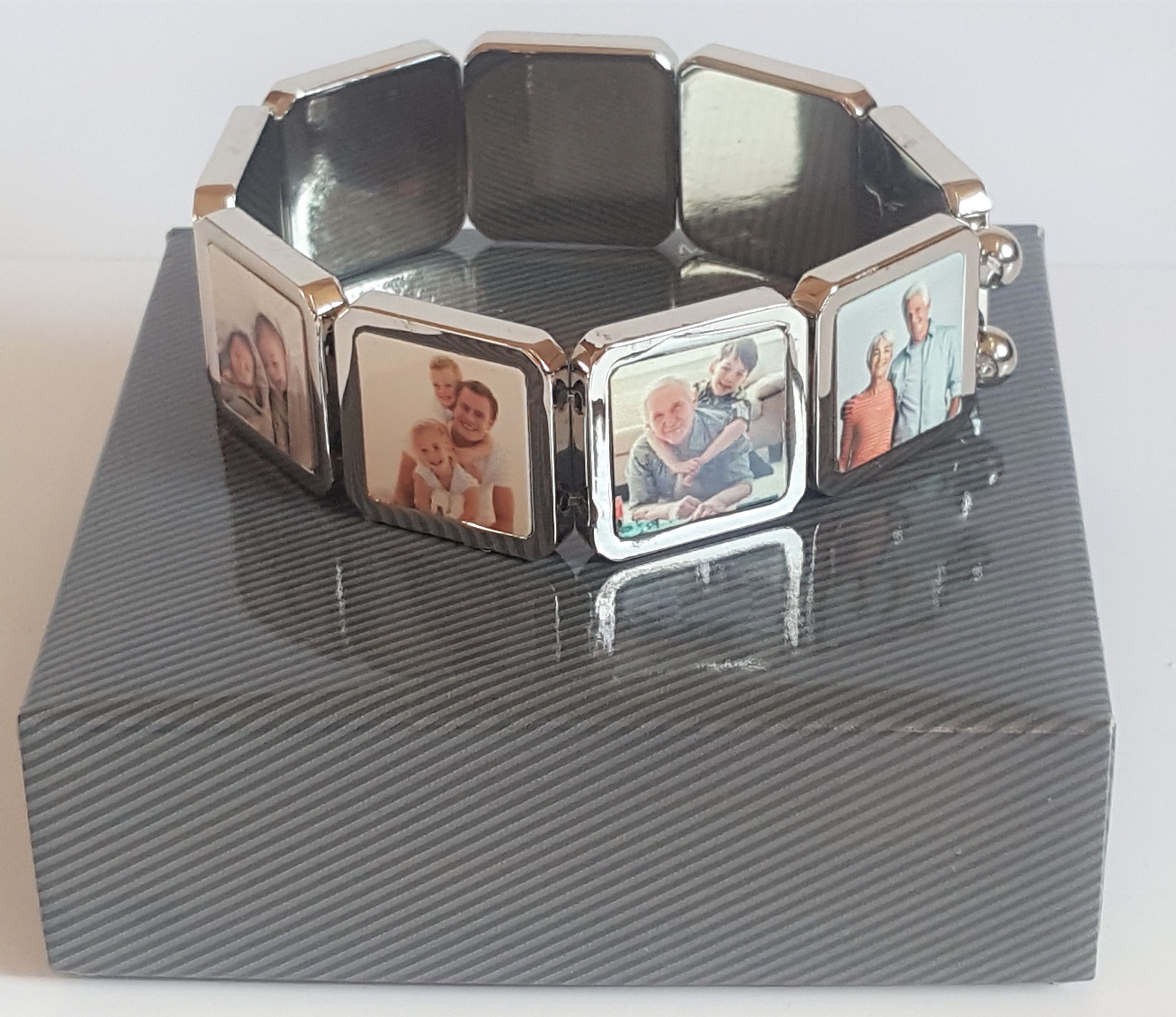 A beautiful Personalised 9 Piece Photo Bracelet featuring nine custom images, crafted from durable zinc alloy.