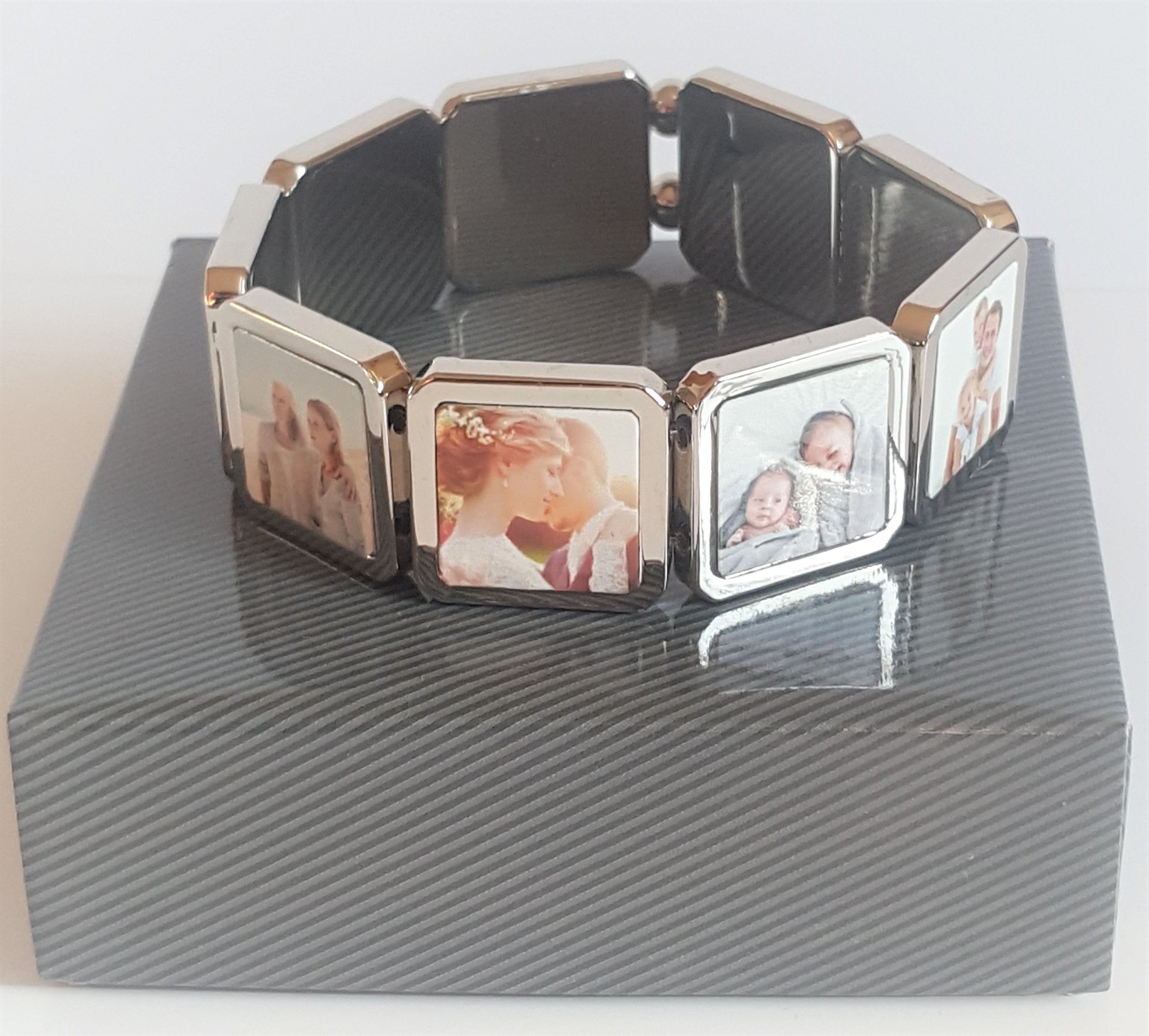 A beautiful Personalised 9 Piece Photo Bracelet featuring nine custom images, crafted from durable zinc alloy.