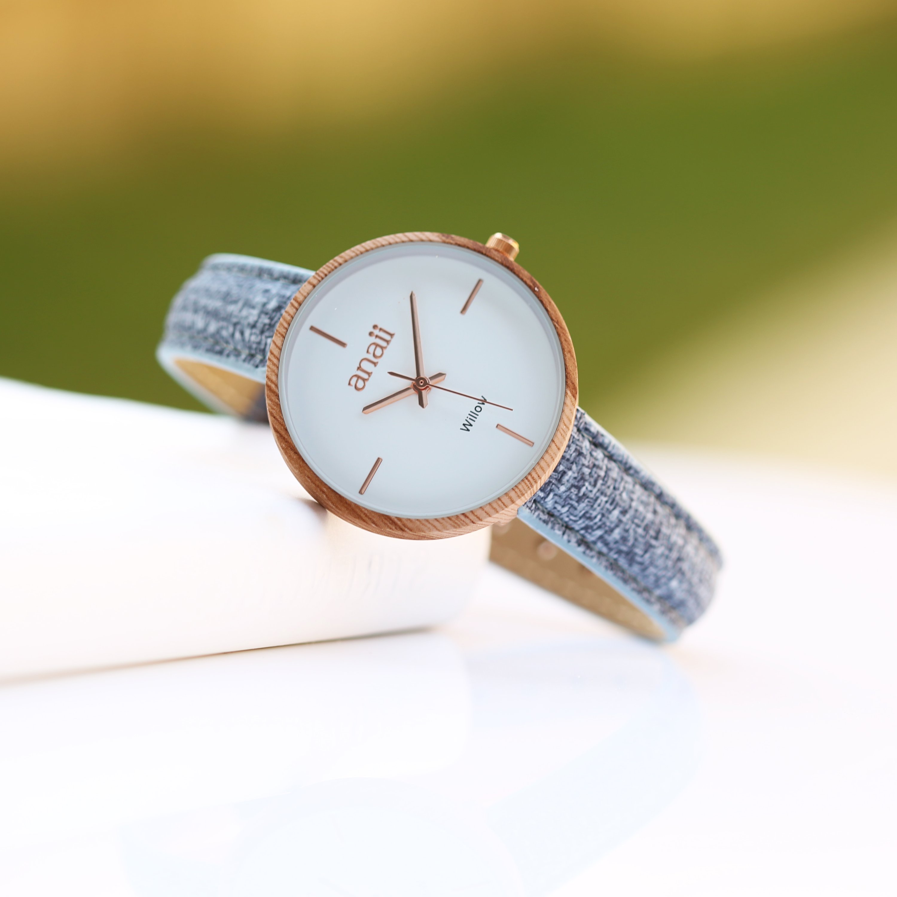 Personalised Anaii Watch in Lake Blue with adjustable stainless steel strap and modern font engraving.