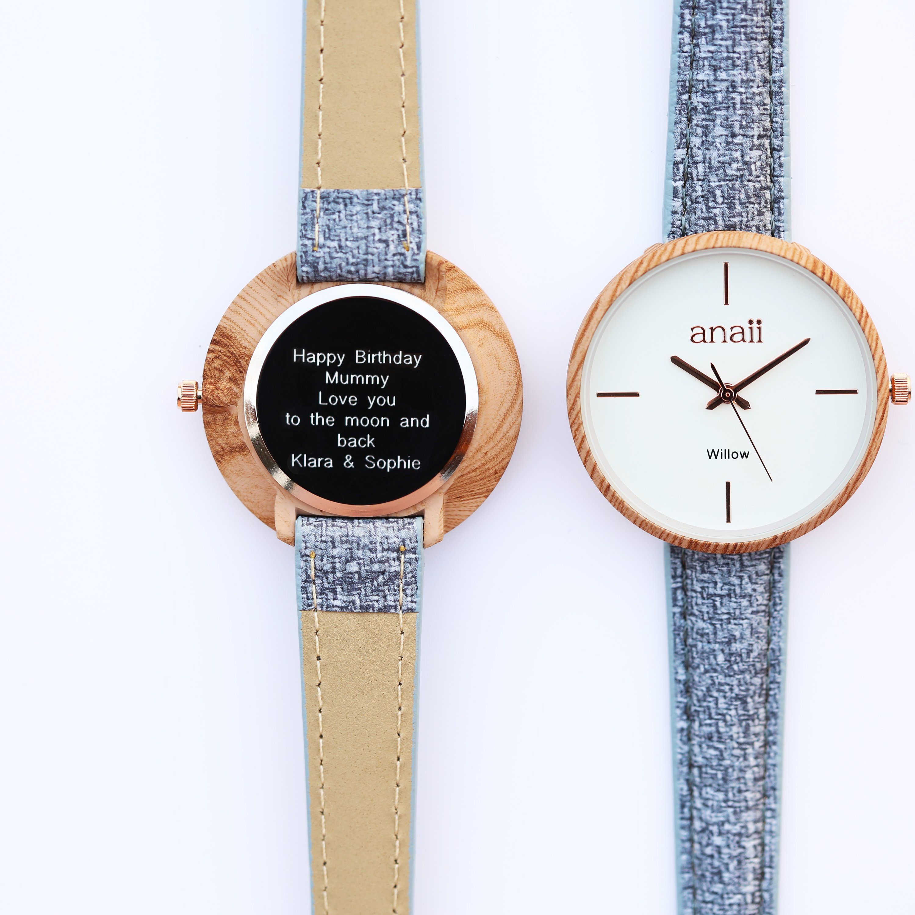 Personalised Anaii Watch in Lake Blue with adjustable stainless steel strap and modern font engraving.