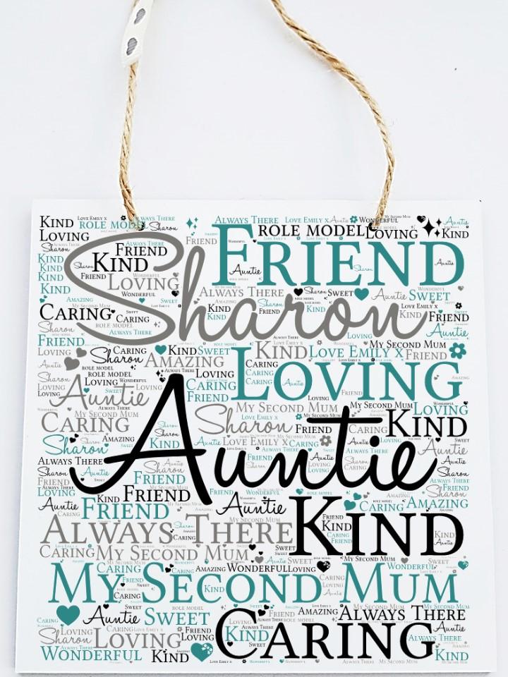 Personalised Auntie Word Art Plaque featuring custom text and colors, perfect gift for aunts.