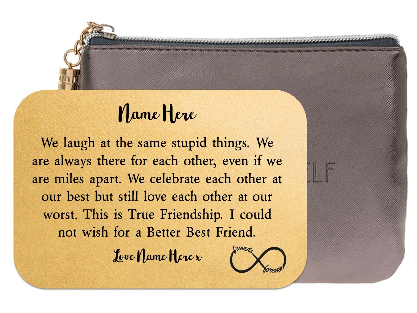 Personalised Best Friend Wallet Keepsake Card made of aluminium, featuring custom names and a lovely finish, perfect for wallets.