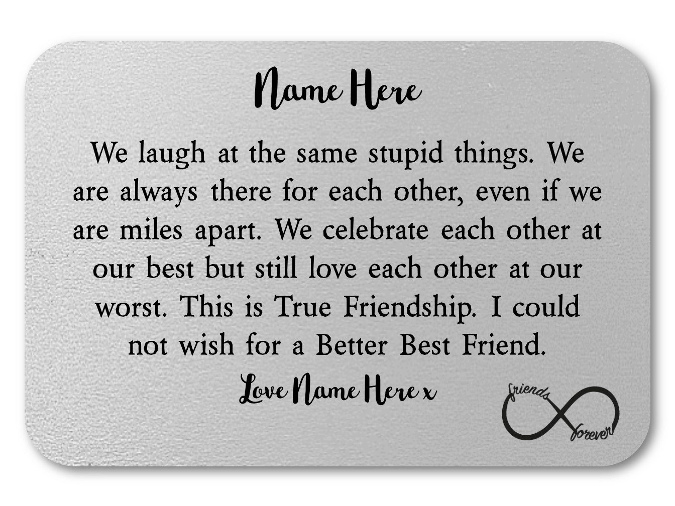 Personalised Best Friend Wallet Keepsake Card made of aluminium, featuring custom names and a lovely finish, perfect for wallets.