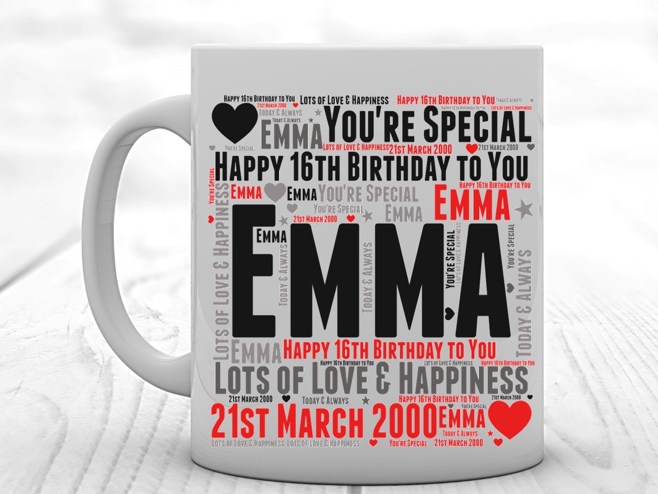 A vibrant personalised birthday mug featuring custom text and colorful design, perfect for celebrating any age.