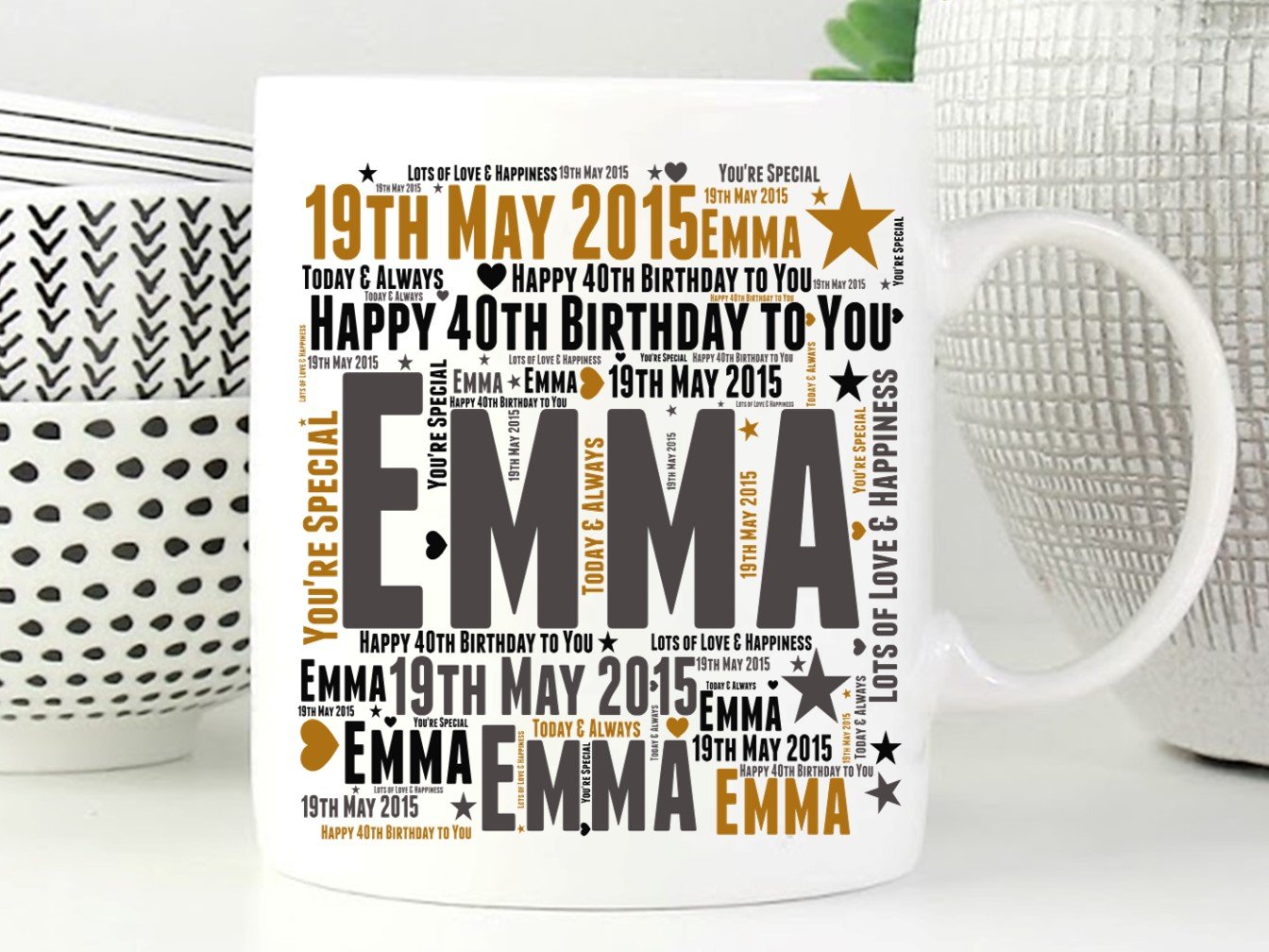 A vibrant personalised birthday mug featuring custom text and colorful design, perfect for celebrating any age.