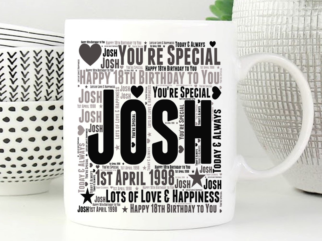 A vibrant personalised birthday mug featuring custom text and colorful design, perfect for celebrating any age.