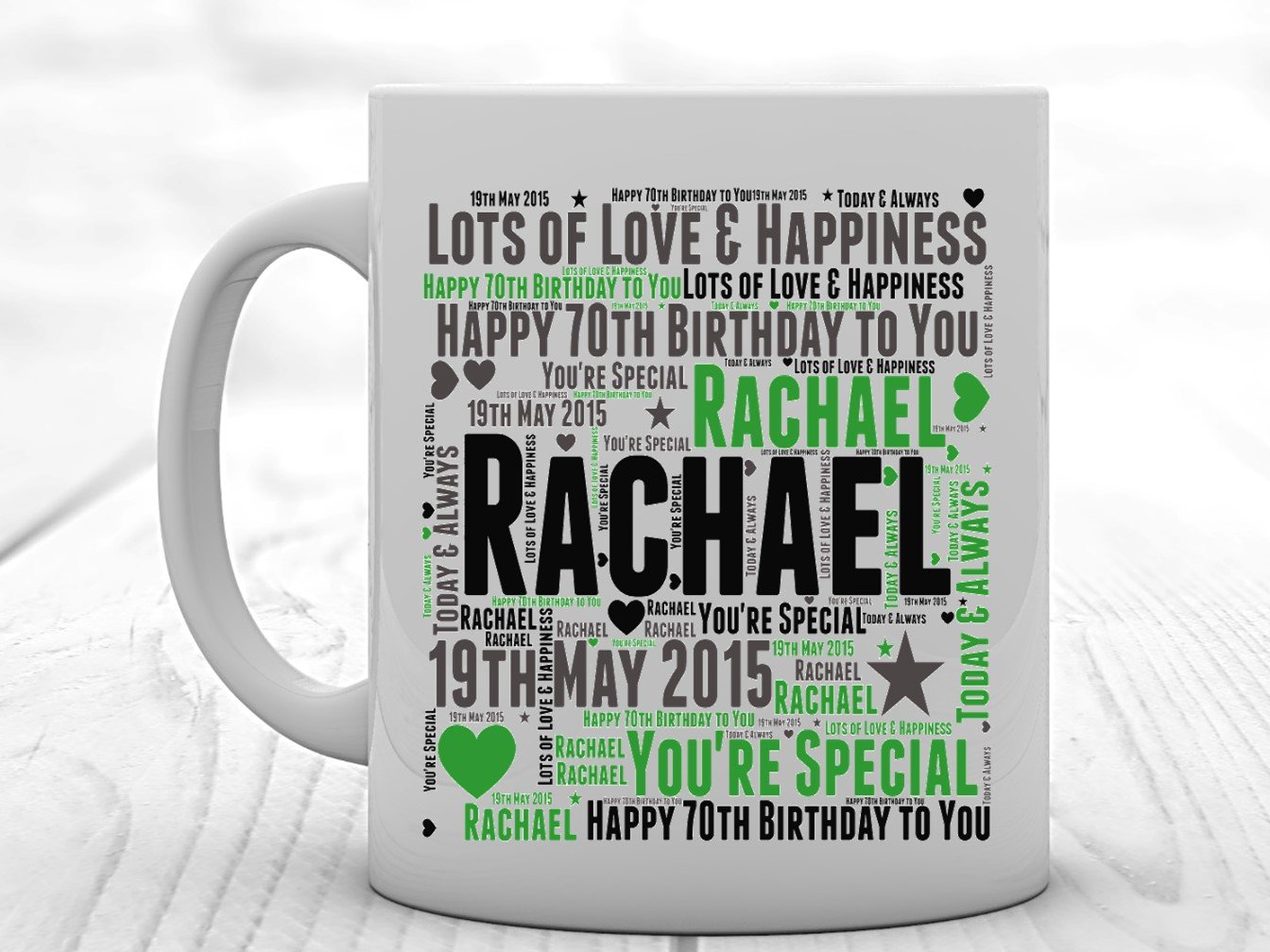 A vibrant personalised birthday mug featuring custom text and colorful design, perfect for celebrating any age.