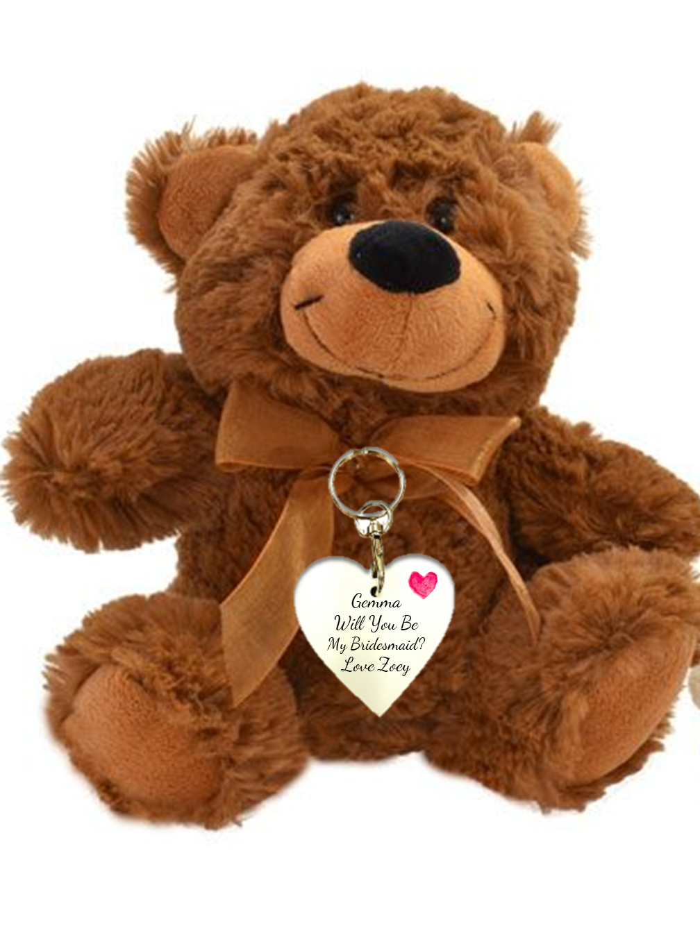 A cute 18cm personalised teddy bear in an organza bag, featuring a heart tag for custom names, perfect for bridesmaids.