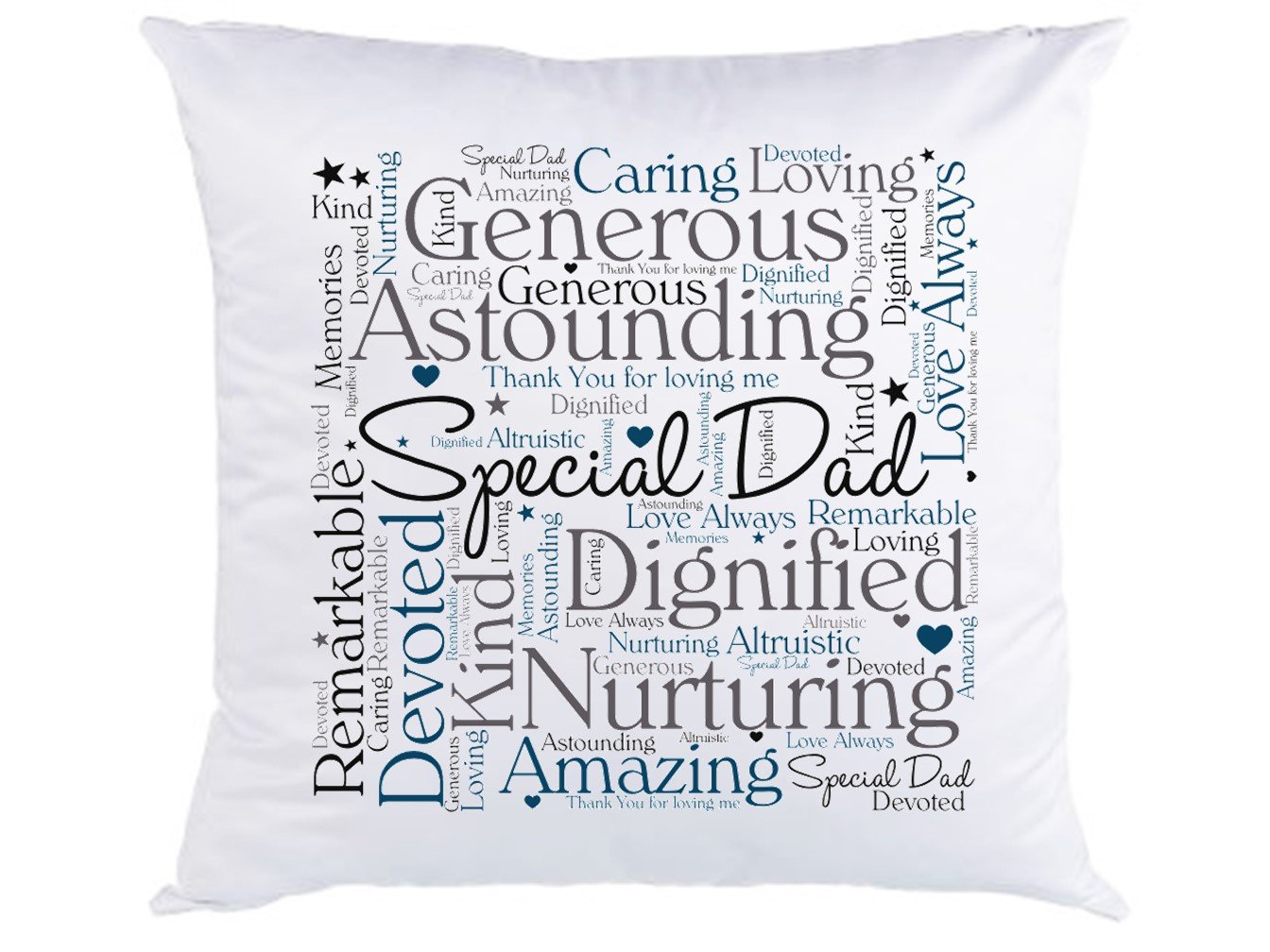 Personalised Dad Word Art Cushion featuring custom phrases on a soft, silky fabric, perfect for home decor.