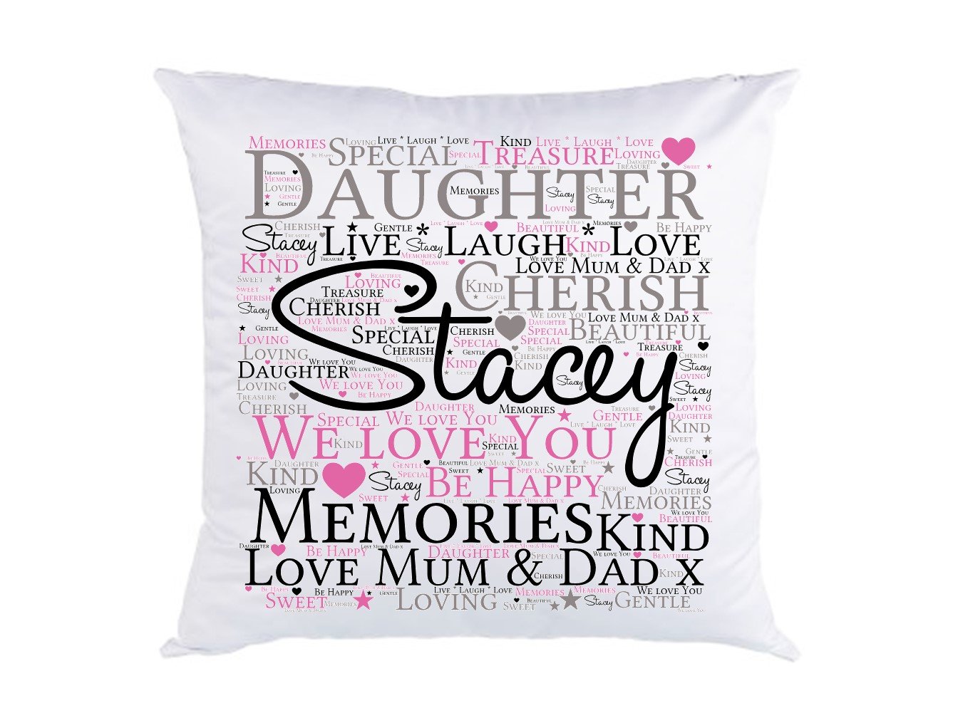 A soft, square cushion featuring personalised word art for daughters, showcasing custom text in a stylish design.