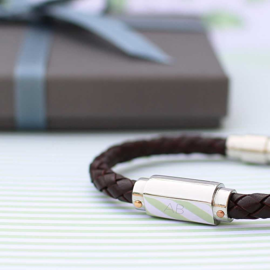 Personalised Twisted Leather Bracelet with engraved magnetic clasp, showcasing its stylish twisted design and genuine leather material.