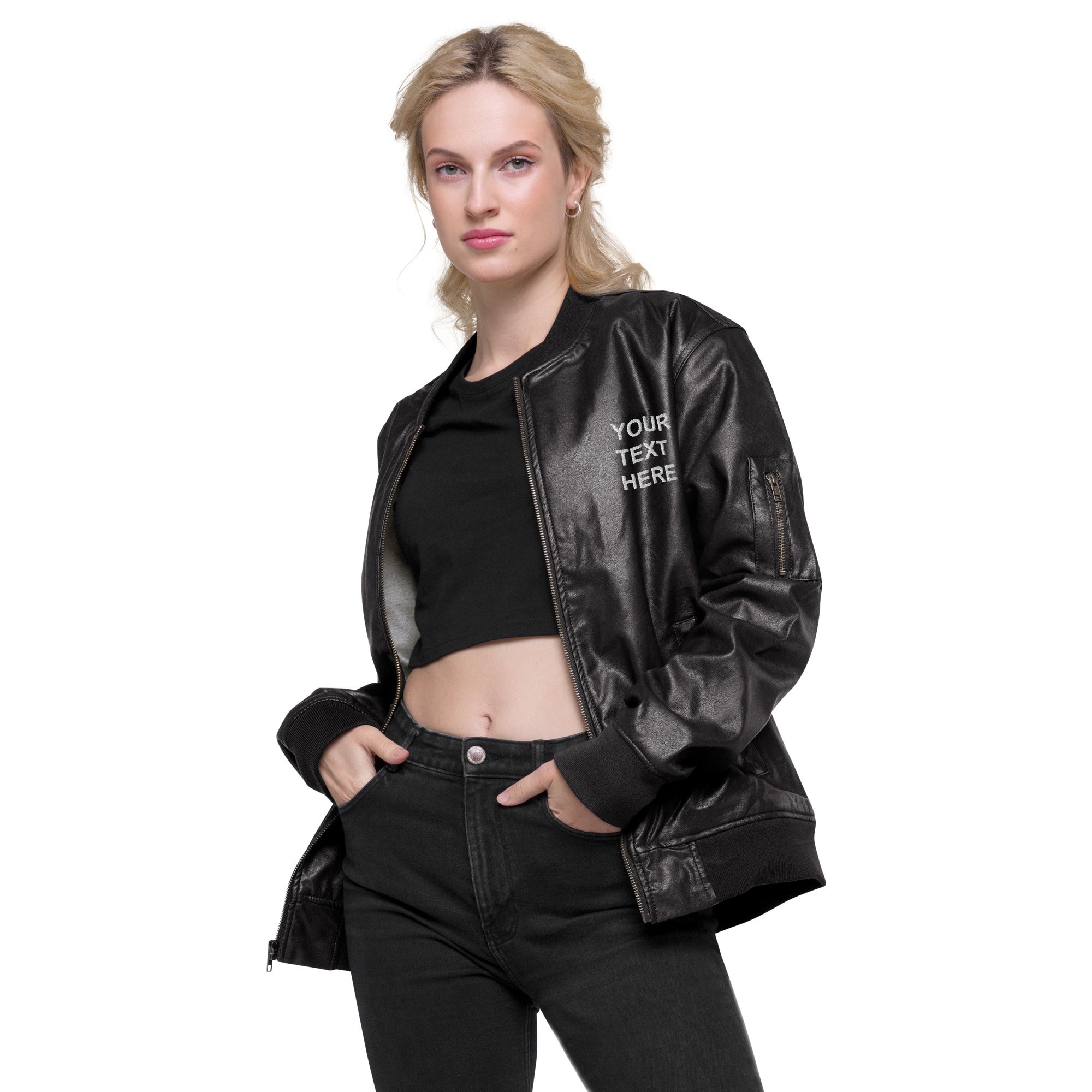 A stylish personalized embroidered leather jacket made from 100% PU leather, featuring rib-knit banding and multiple pockets.