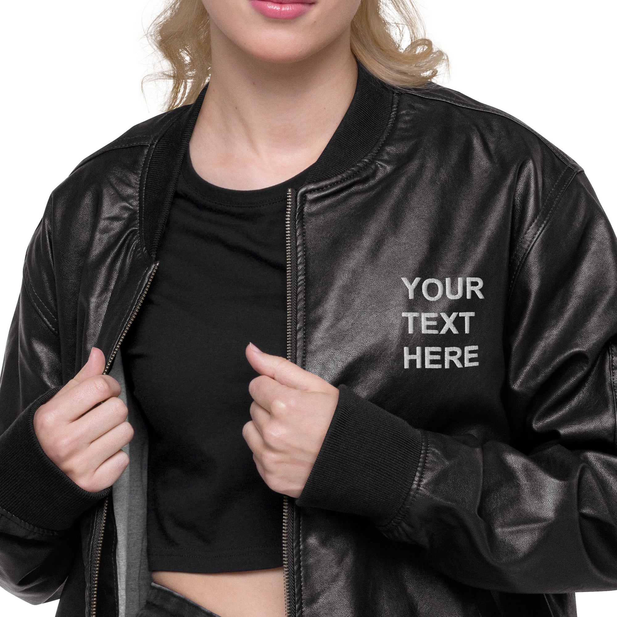 A stylish personalized embroidered leather jacket made from 100% PU leather, featuring rib-knit banding and multiple pockets.