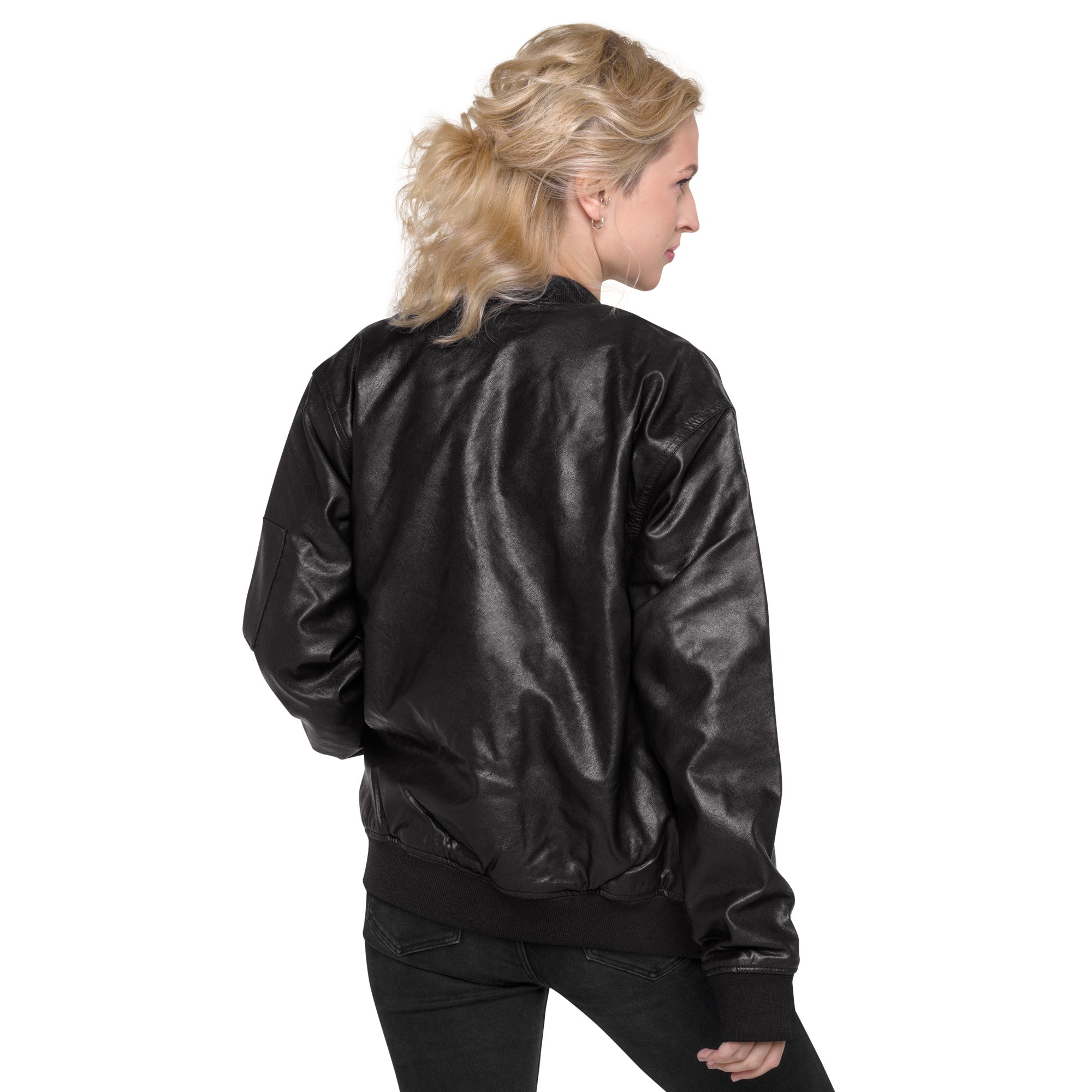 A stylish personalized embroidered leather jacket made from 100% PU leather, featuring rib-knit banding and multiple pockets.