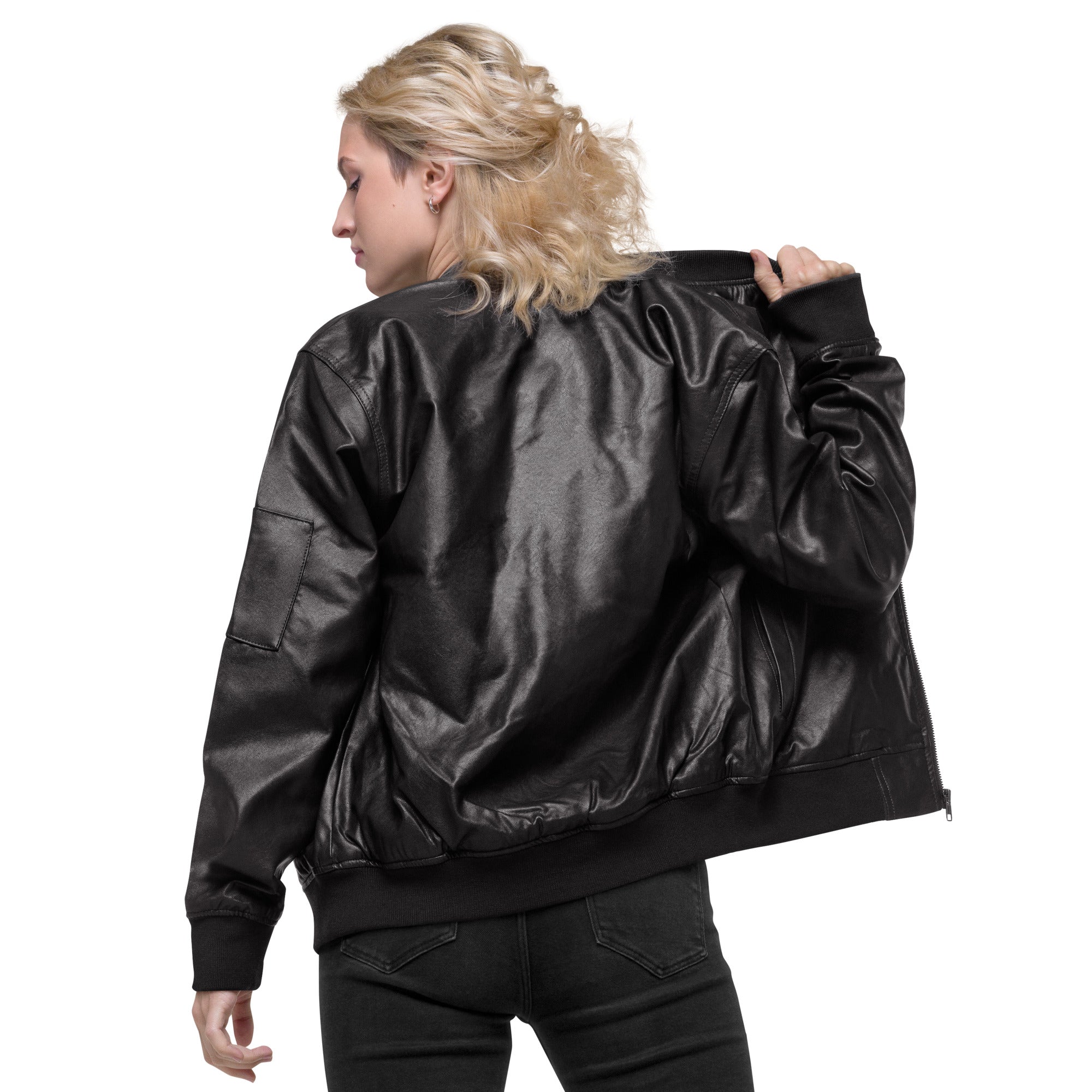 A stylish personalized embroidered leather jacket made from 100% PU leather, featuring rib-knit banding and multiple pockets.