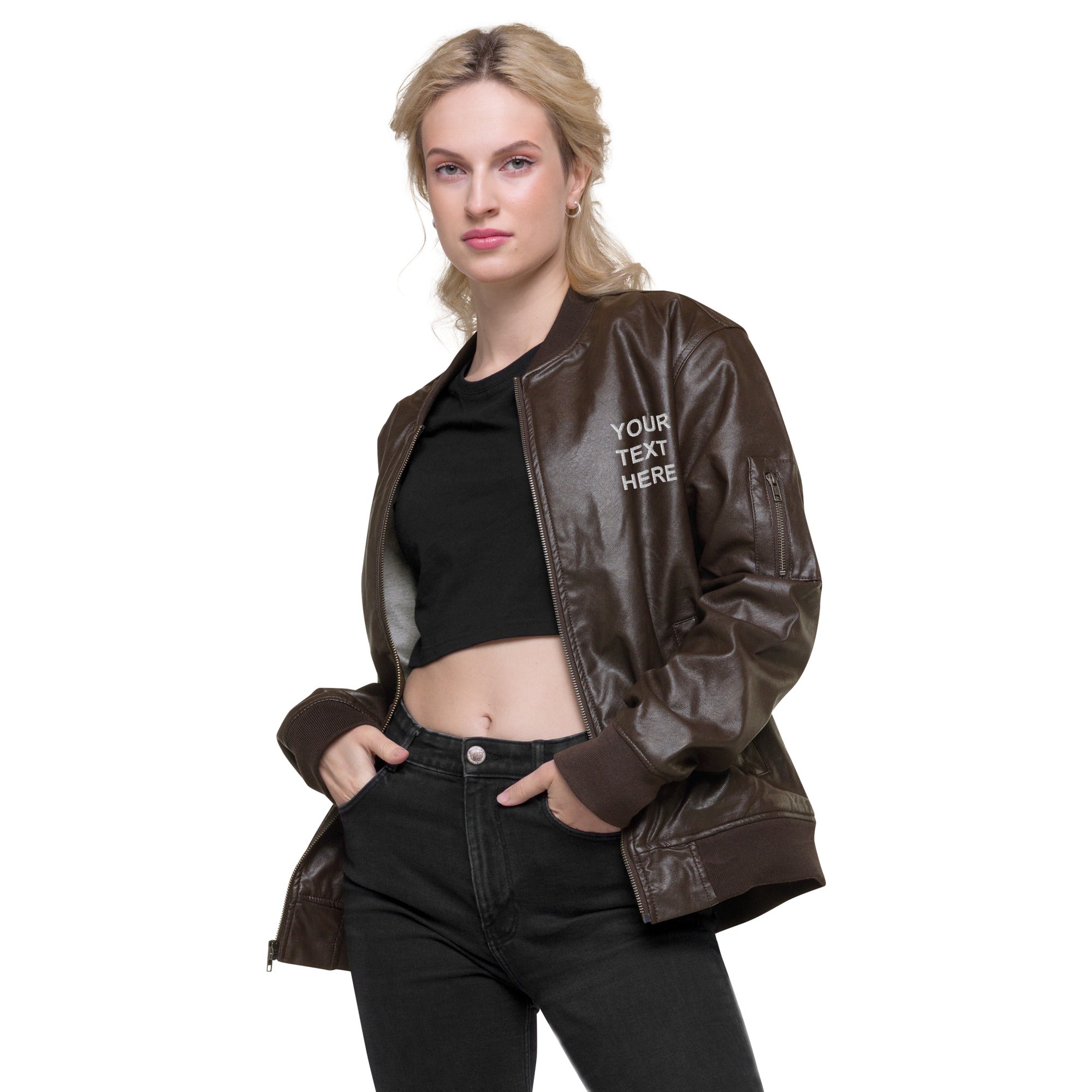 A stylish personalized embroidered leather jacket made from 100% PU leather, featuring rib-knit banding and multiple pockets.