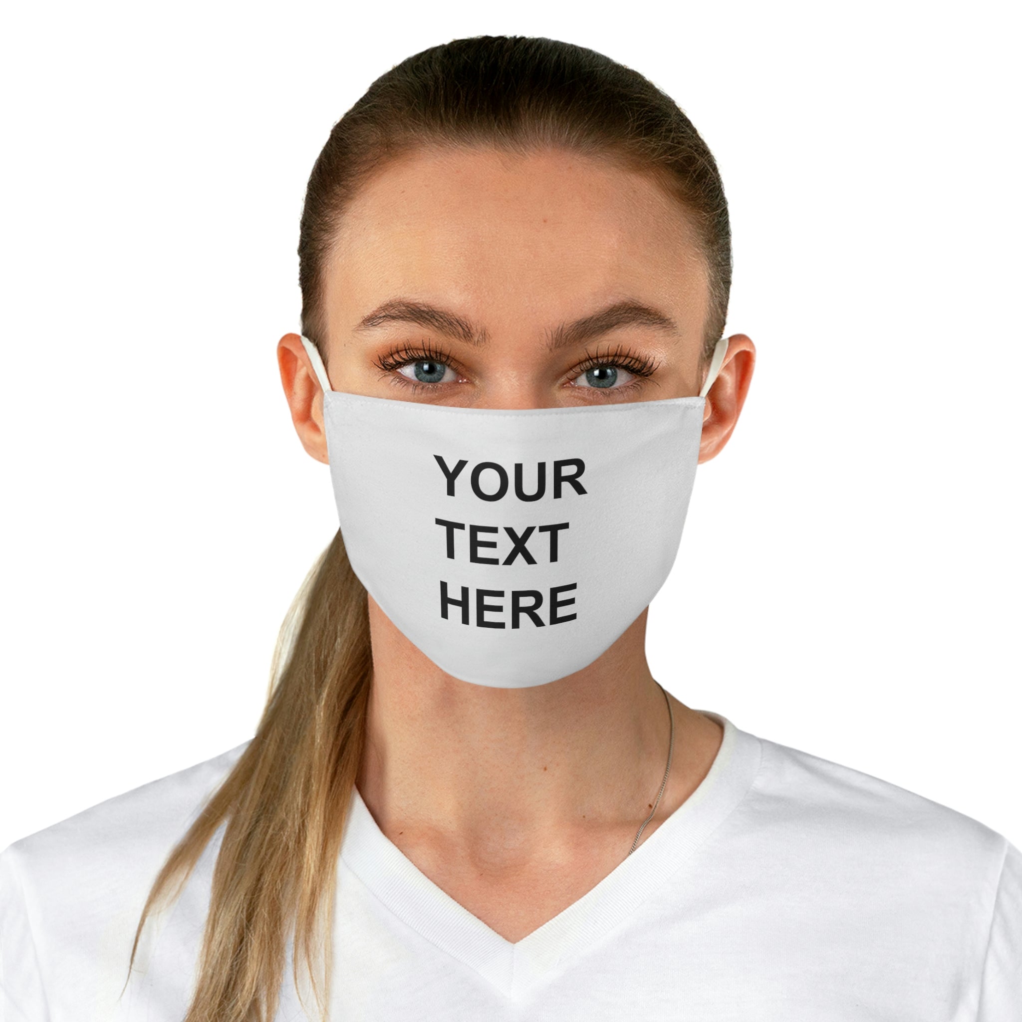 A colorful personalized face mask featuring custom text, adjustable earloops, and a two-layer design for comfort and protection.