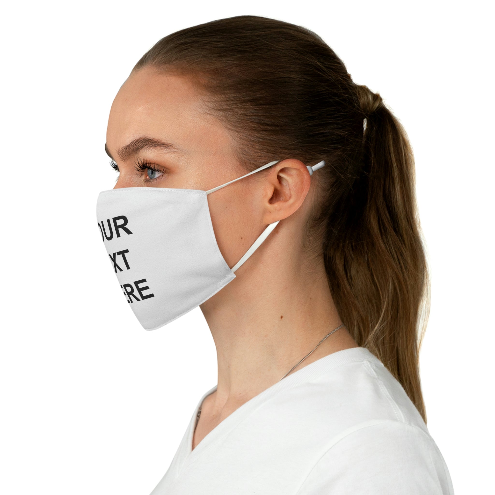 A colorful personalized face mask featuring custom text, adjustable earloops, and a two-layer design for comfort and protection.