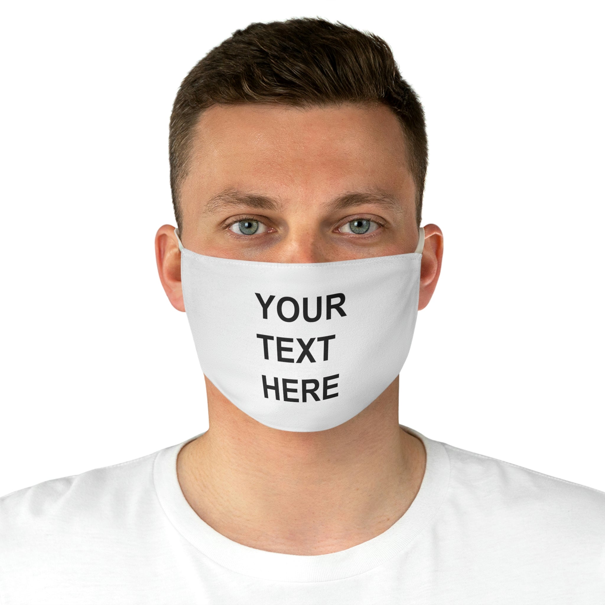 A colorful personalized face mask featuring custom text, adjustable earloops, and a two-layer design for comfort and protection.