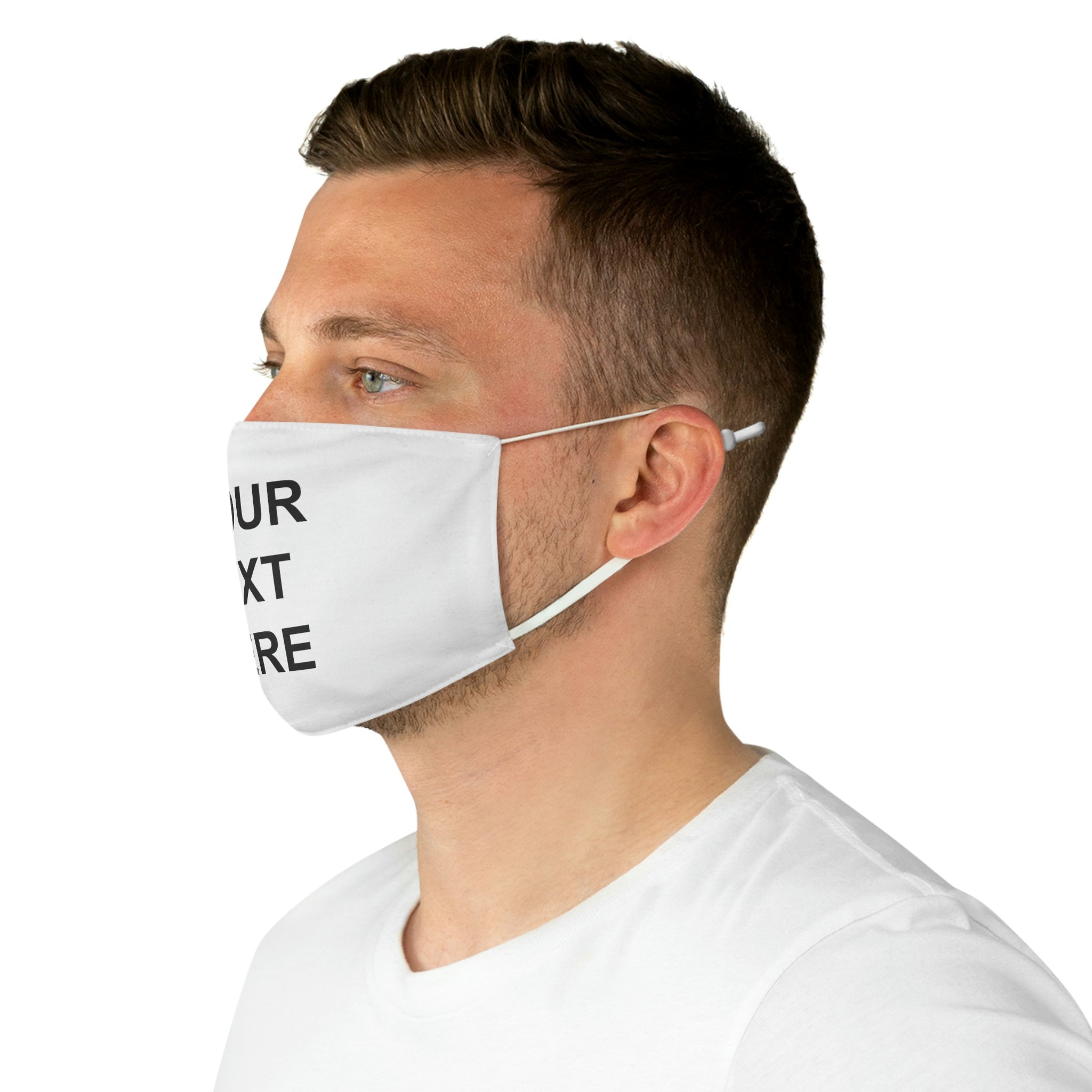 A colorful personalized face mask featuring custom text, adjustable earloops, and a two-layer design for comfort and protection.