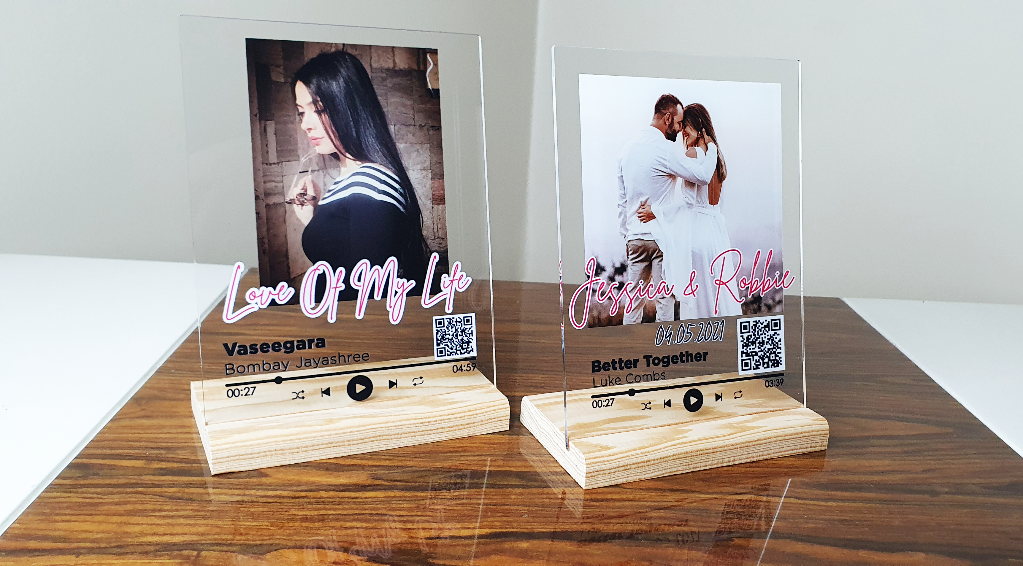 Personalized acrylic song plaques.