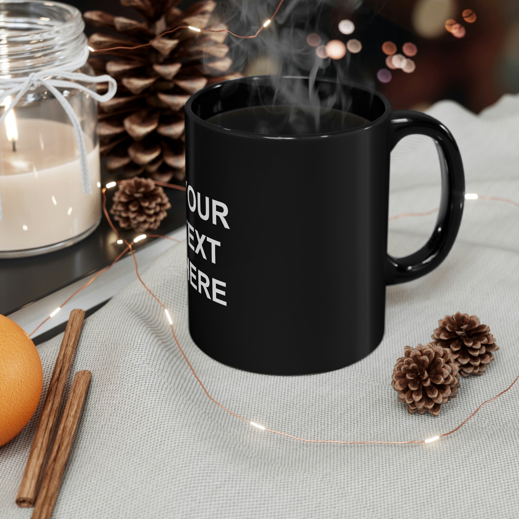 Personalized black ceramic birthday mug with custom name and age design, perfect for gifts.