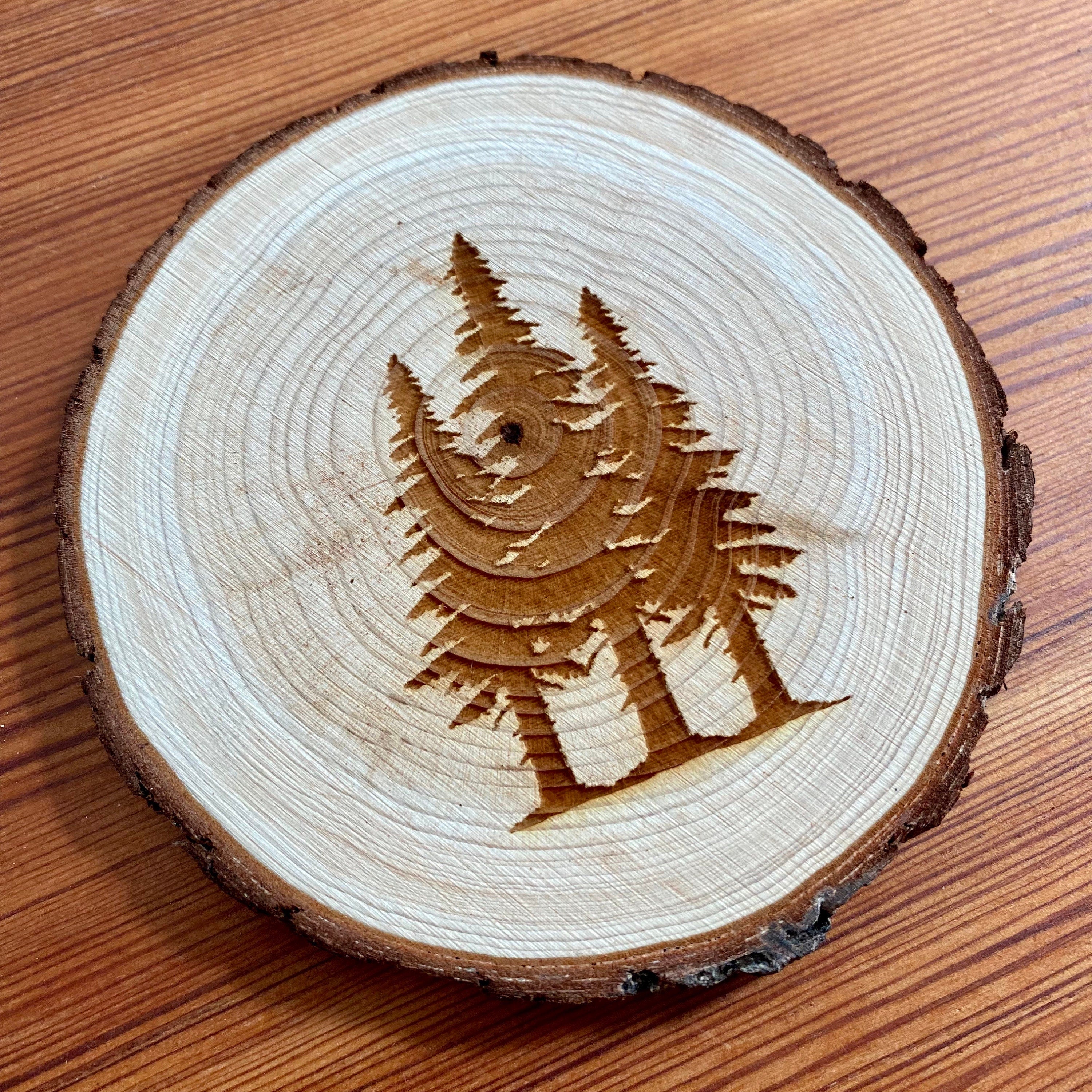 A set of four pine tree engraved wood coasters, showcasing intricate designs on a rustic wood surface, ideal for home decor.