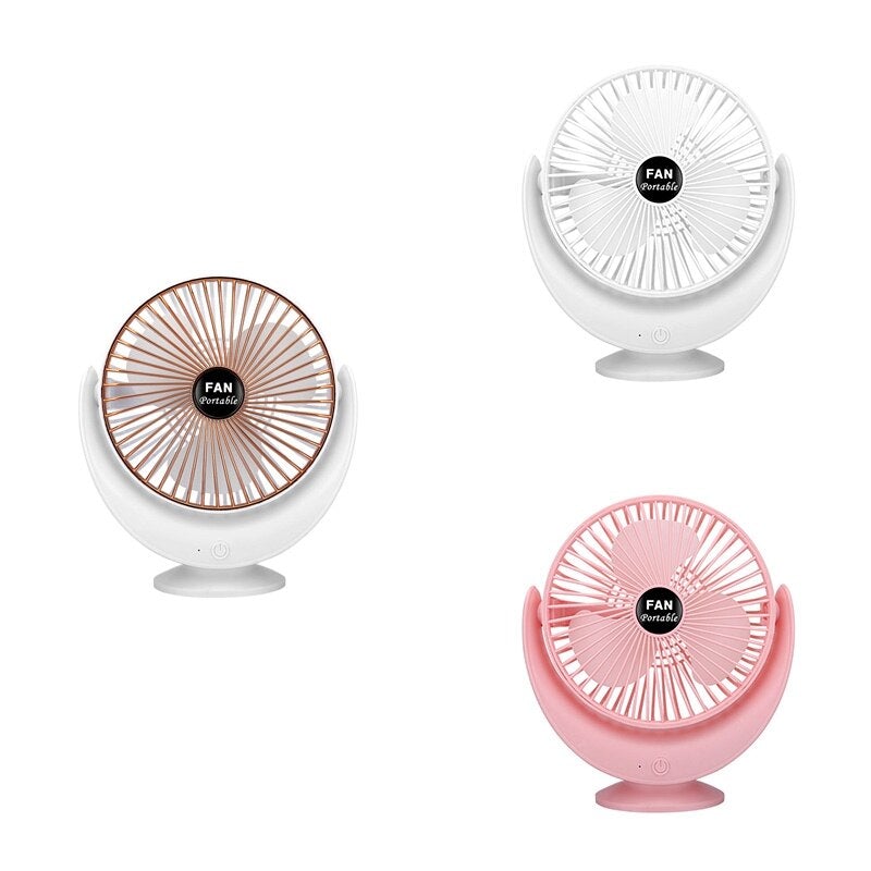 Portable 3-Speed Adjustable Crescent Fan in white gold color, designed for desktop use with three adjustable speeds and a sleek design.