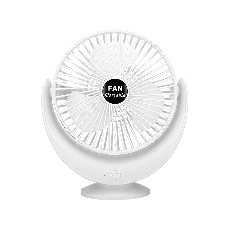 Portable 3-Speed Adjustable Crescent Fan in white gold color, designed for desktop use with three adjustable speeds and a sleek design.