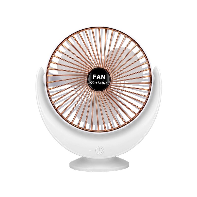 Portable 3-Speed Adjustable Crescent Fan in white gold color, designed for desktop use with three adjustable speeds and a sleek design.