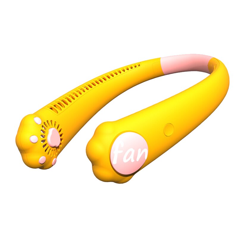 Portable Sports Mini Neck Leafless Fan in yellow, designed for hands-free cooling with a stylish and safe leafless design.