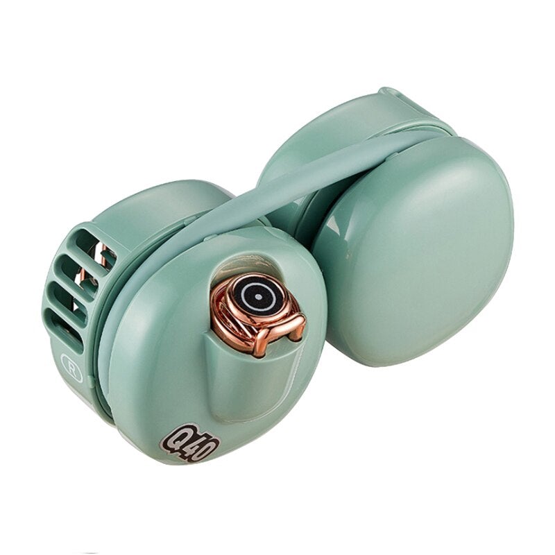 Portable Summer Outdoor Handsfree Neck Fan in green color, designed for comfort and convenience with a 360-degree rotatable feature.