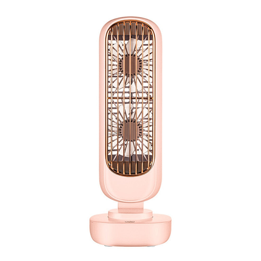 Portable USB Rechargeable fan in white, pink, and green colors, featuring double fan blades and adjustable speed settings.