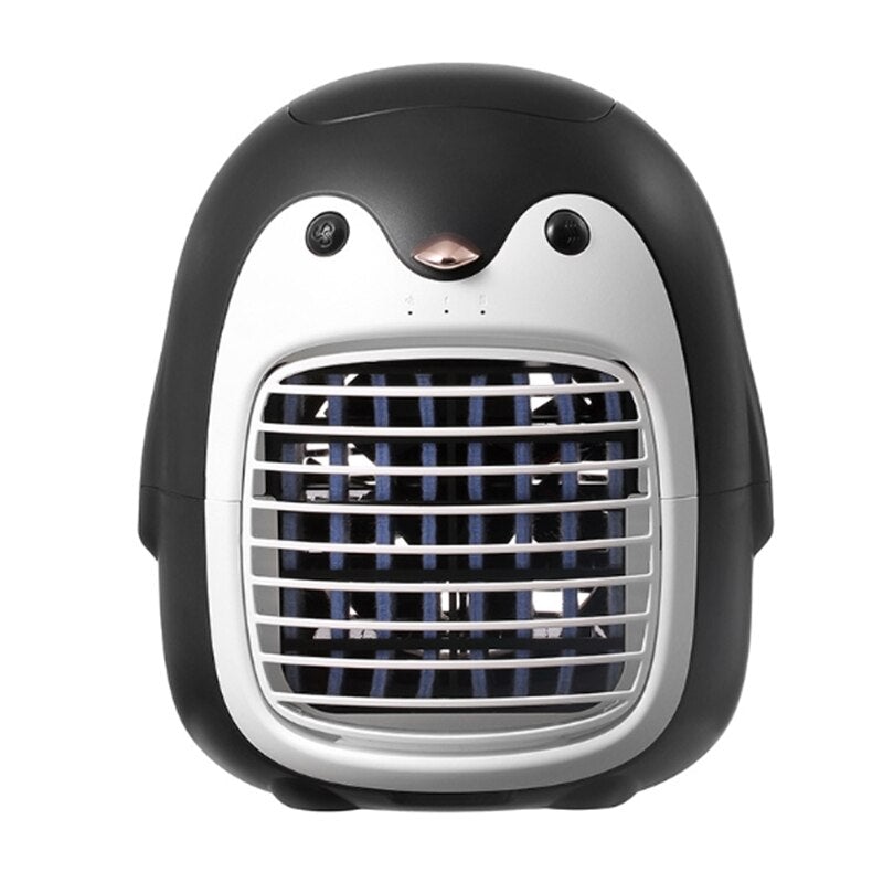 Portable Water Cooling Penguin Fan in black, featuring a water tank and USB charging port, designed for cooling and humidifying.