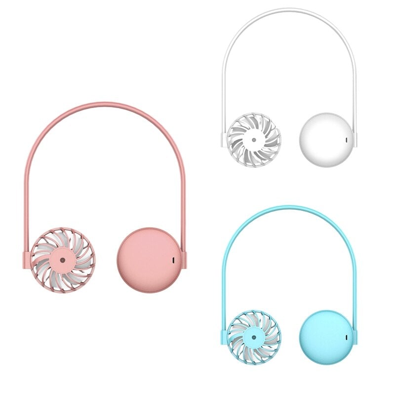 Portable Wearable USB Hands Free Personal Neck Stroller Fan in pink, designed for hands-free cooling with a bladeless design.