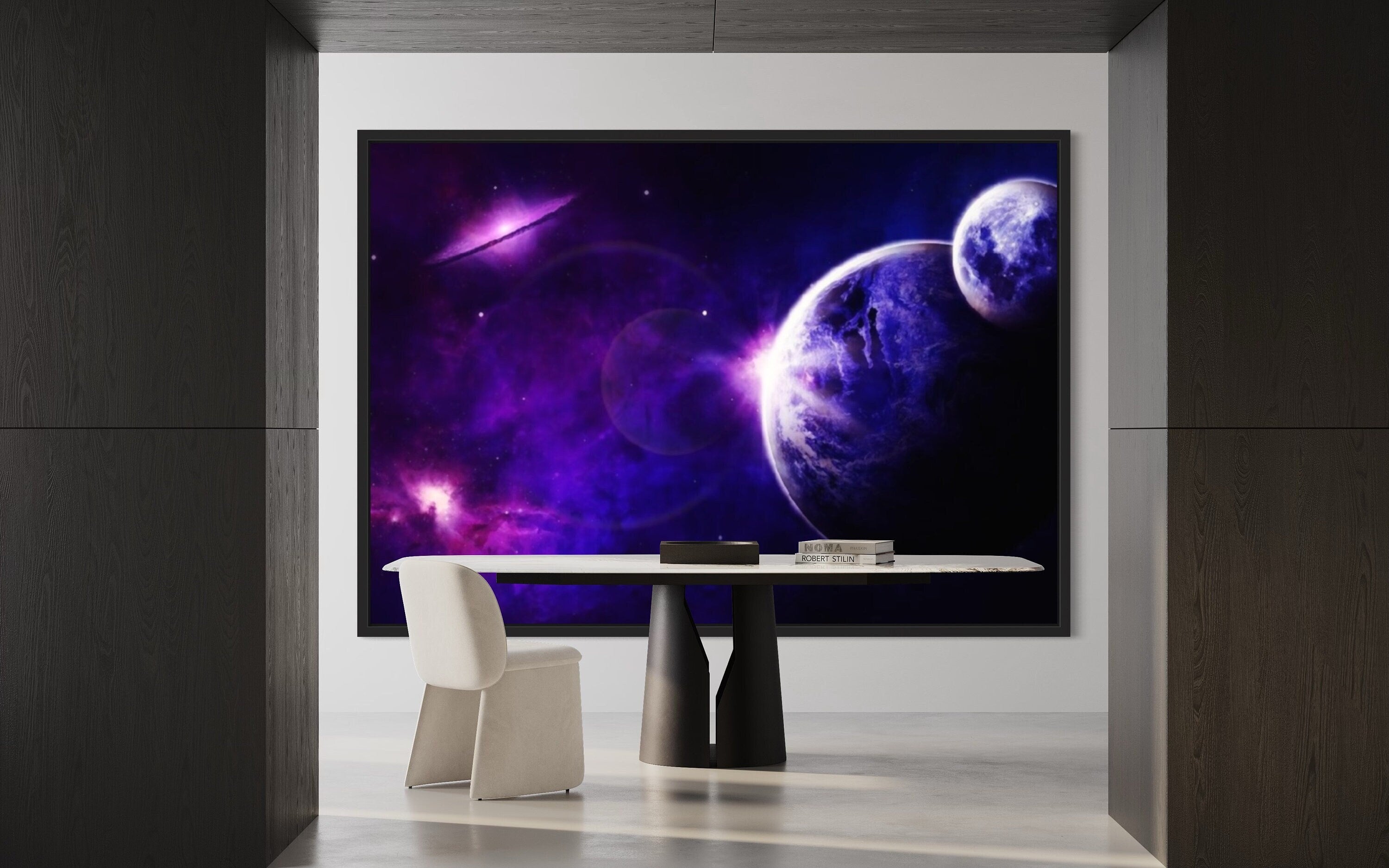 A mesmerizing purple space print featuring deep violet and soft lavender hues, depicting distant galaxies and shimmering stars in a cosmic backdrop.