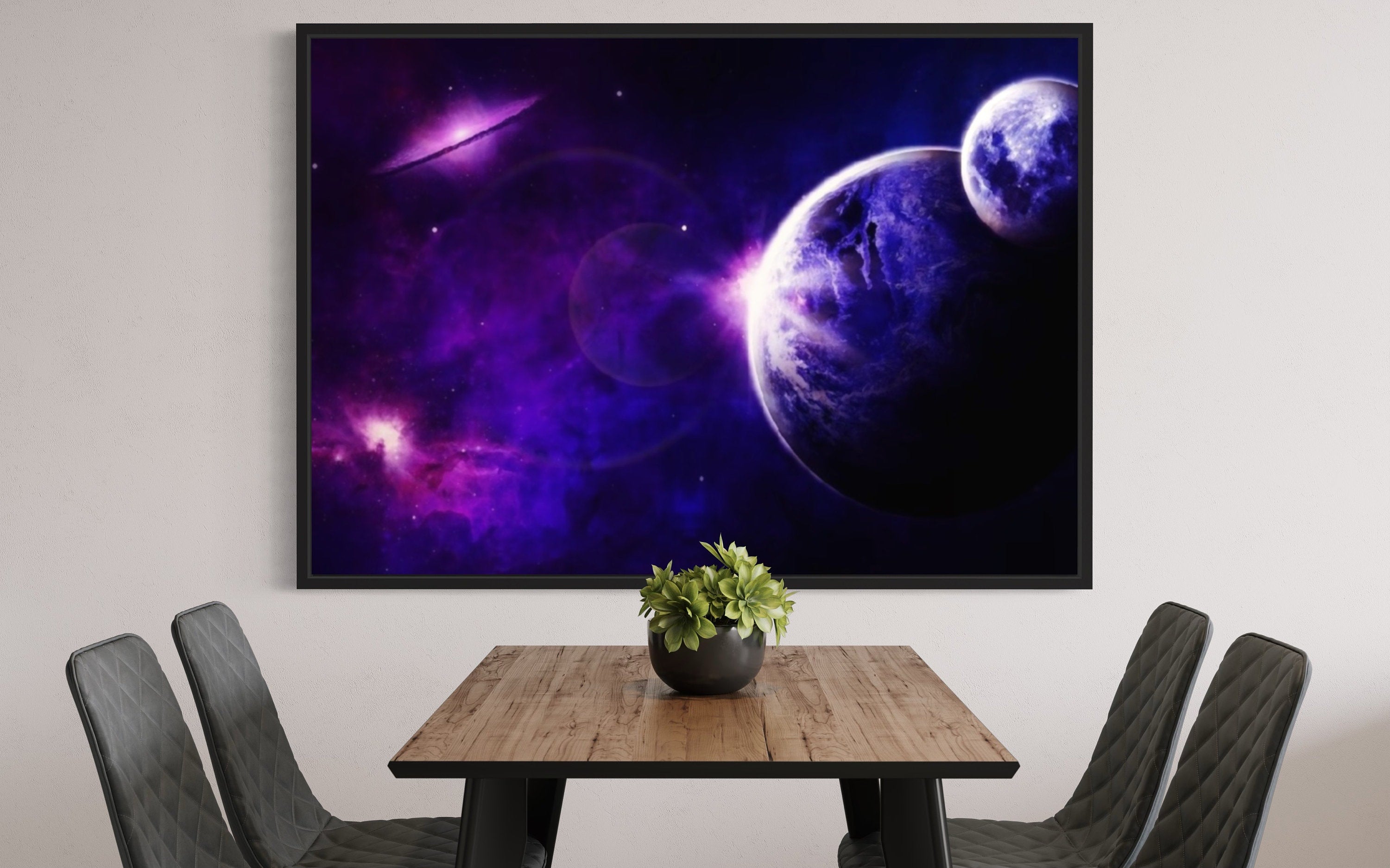 A mesmerizing purple space print featuring deep violet and soft lavender hues, depicting distant galaxies and shimmering stars in a cosmic backdrop.