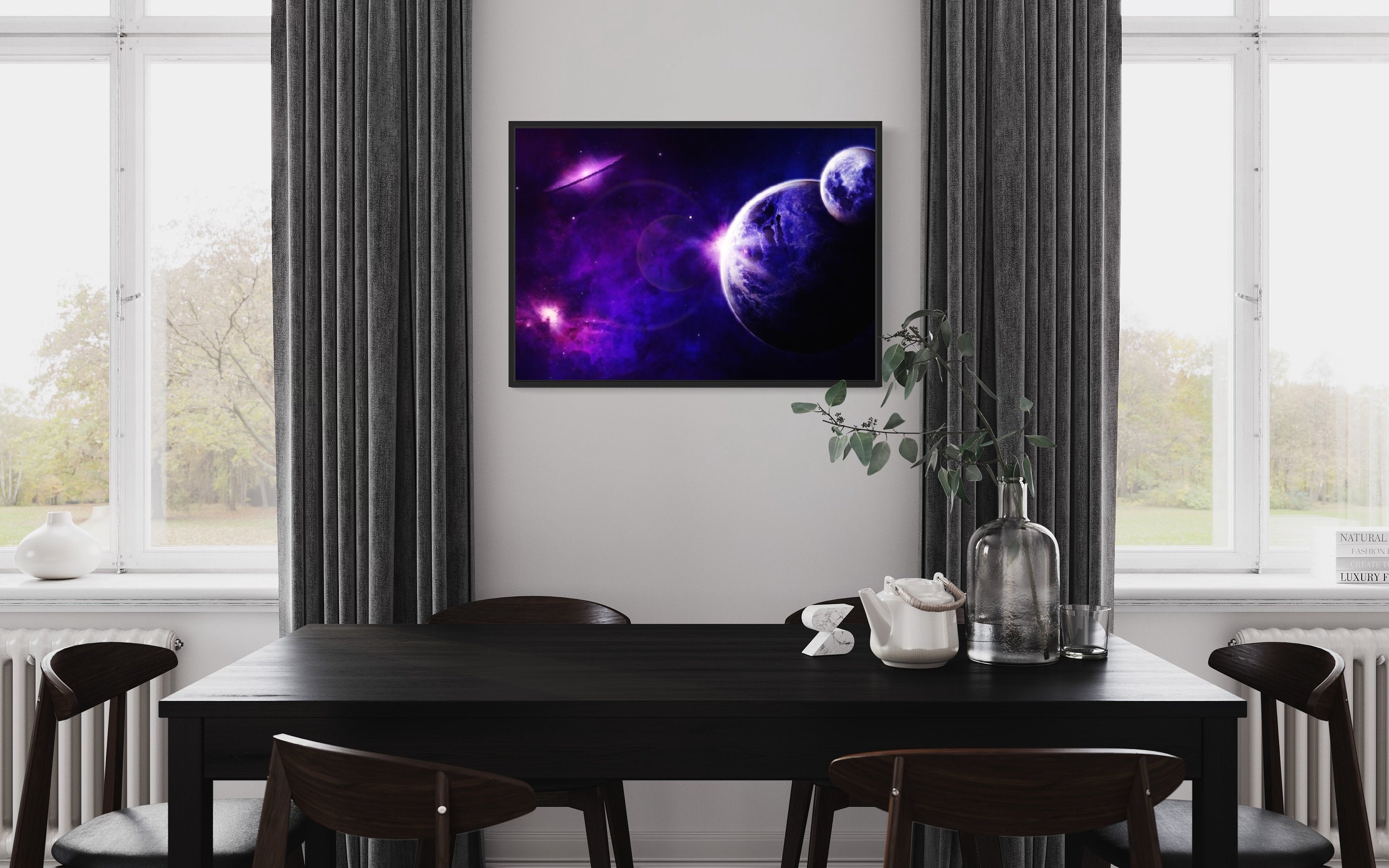 A mesmerizing purple space print featuring deep violet and soft lavender hues, depicting distant galaxies and shimmering stars in a cosmic backdrop.