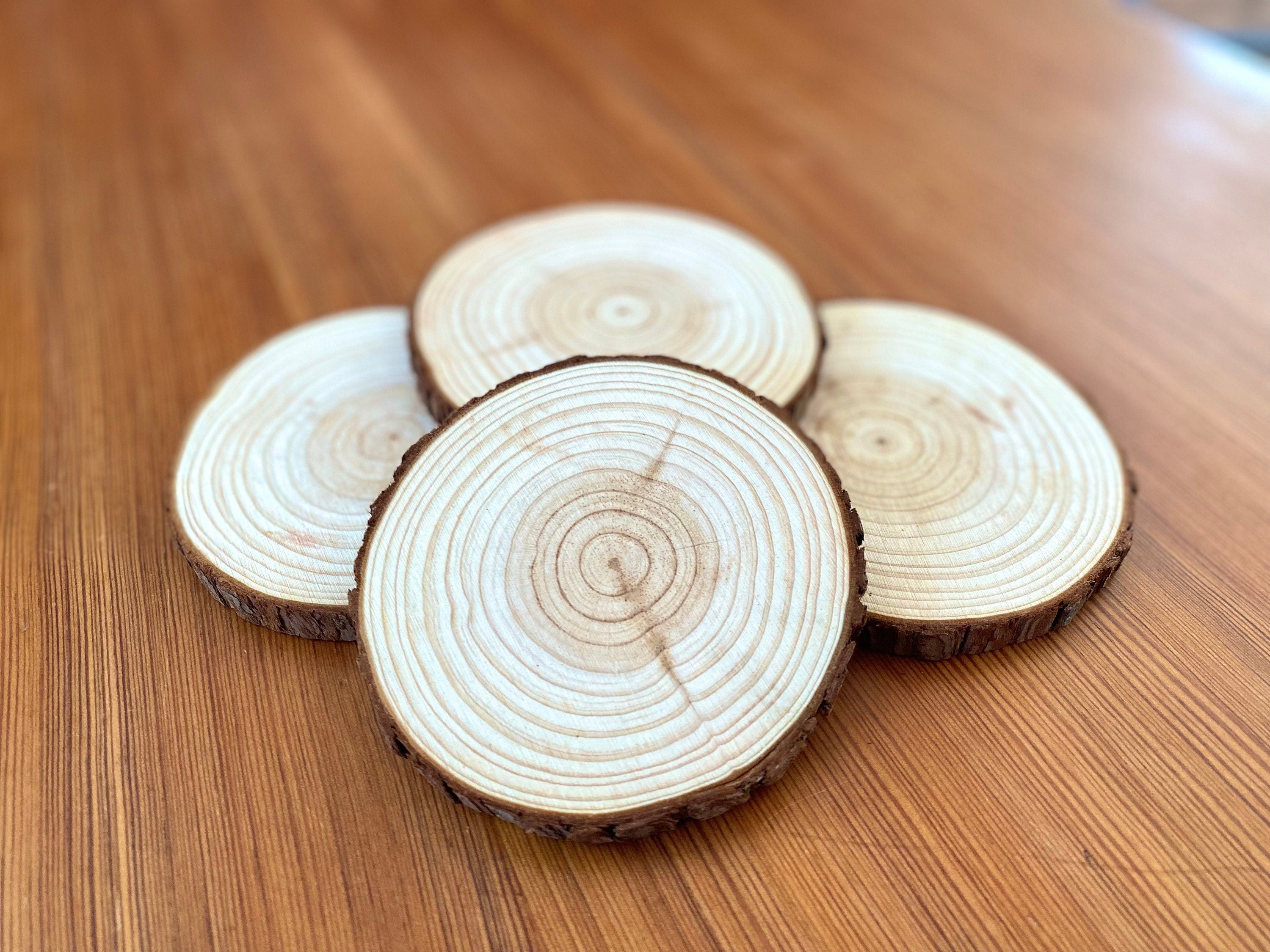 A set of rustic wood slice coasters made from Californian Pine, showcasing their natural grain and smooth finish.