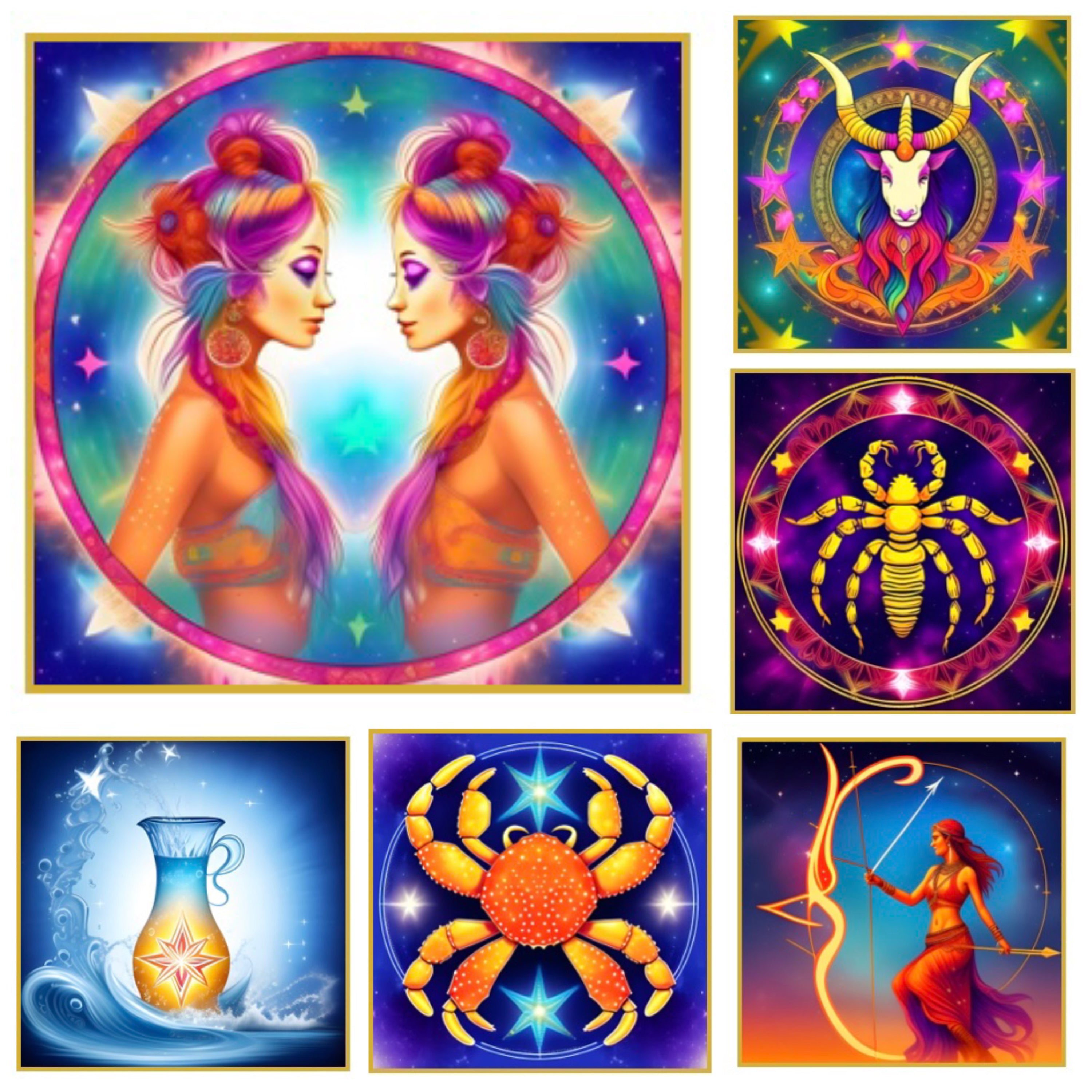 Set of 3 gold foiled astrology prints showcasing personalized birth chart, zodiac sign artwork, and character exploration text.