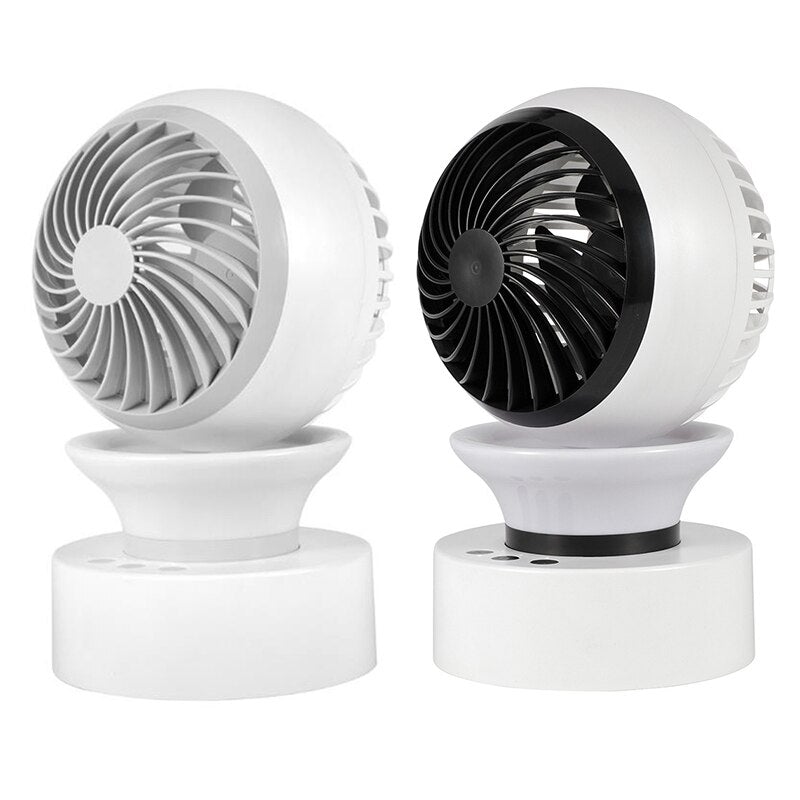 Shaking Head Personal Table Fan in black and silver gray, showcasing its sleek design and portable features.