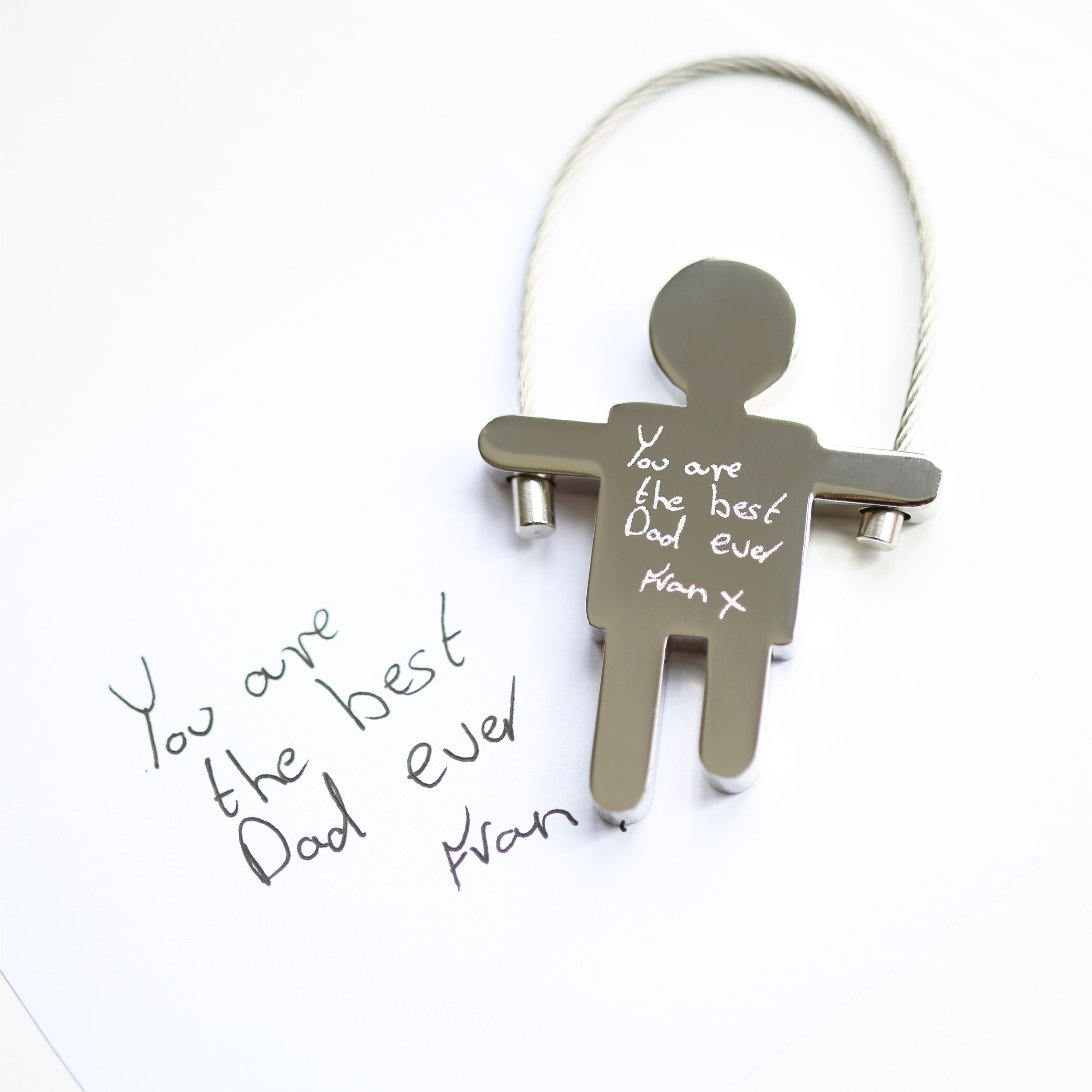 Personalised Skipping Sam Key Ring with custom handwriting engraving, featuring a durable stainless steel design and skipping rope wire.