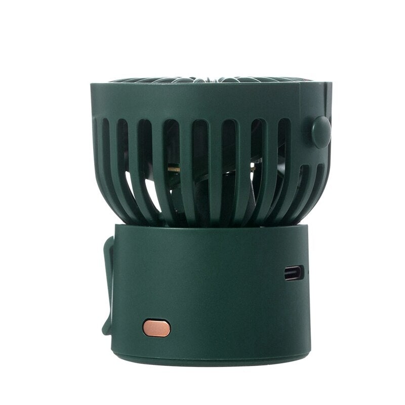 Small Personal Desktop Table Fan in green color, compact design with mute fan blades, perfect for office or bedroom use.